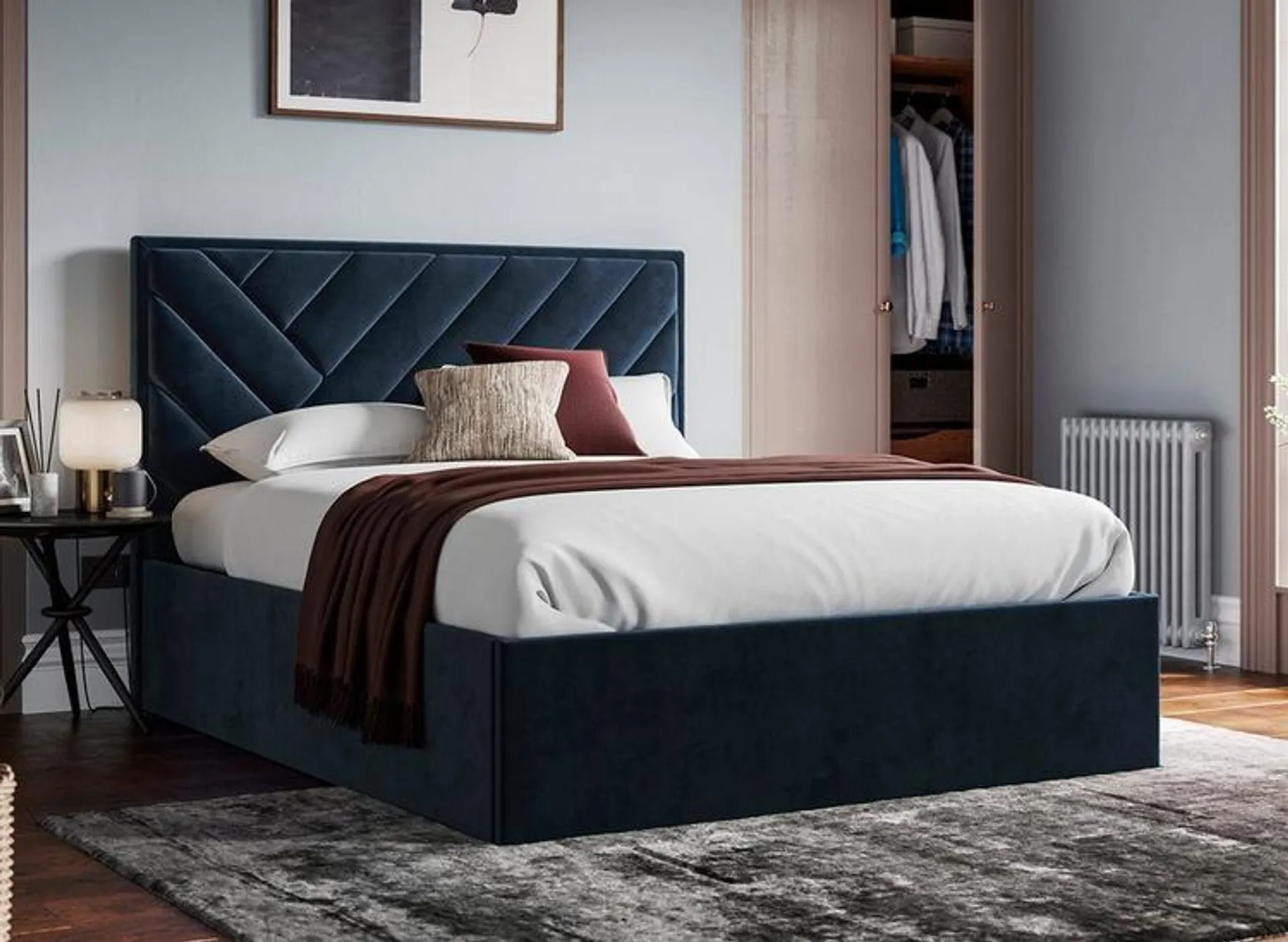 Jay Velvet-Finish Ottoman Bed Frame