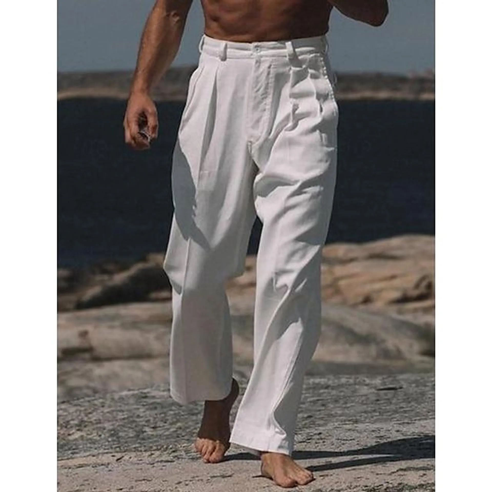 Men's Linen Pants Trousers Summer Pants Button Front Pocket Straight Leg Plain Comfort Breathable Casual Daily Holiday Linen Cotton Blend Fashion Basic White Beige