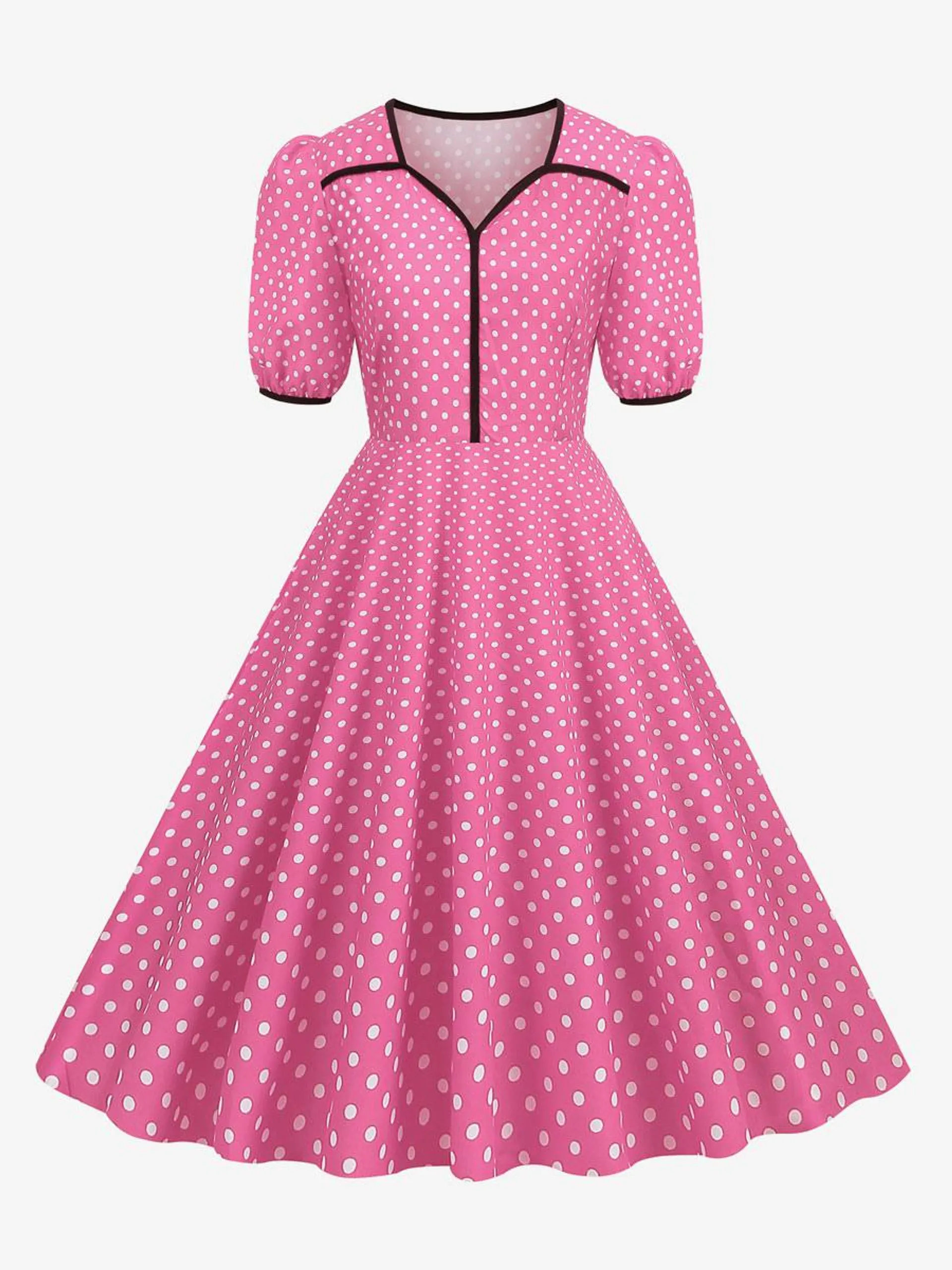 Retro Dress 1950s Pink Color Block Layered Short Sleeves Sweetheart Neck Swing Dress