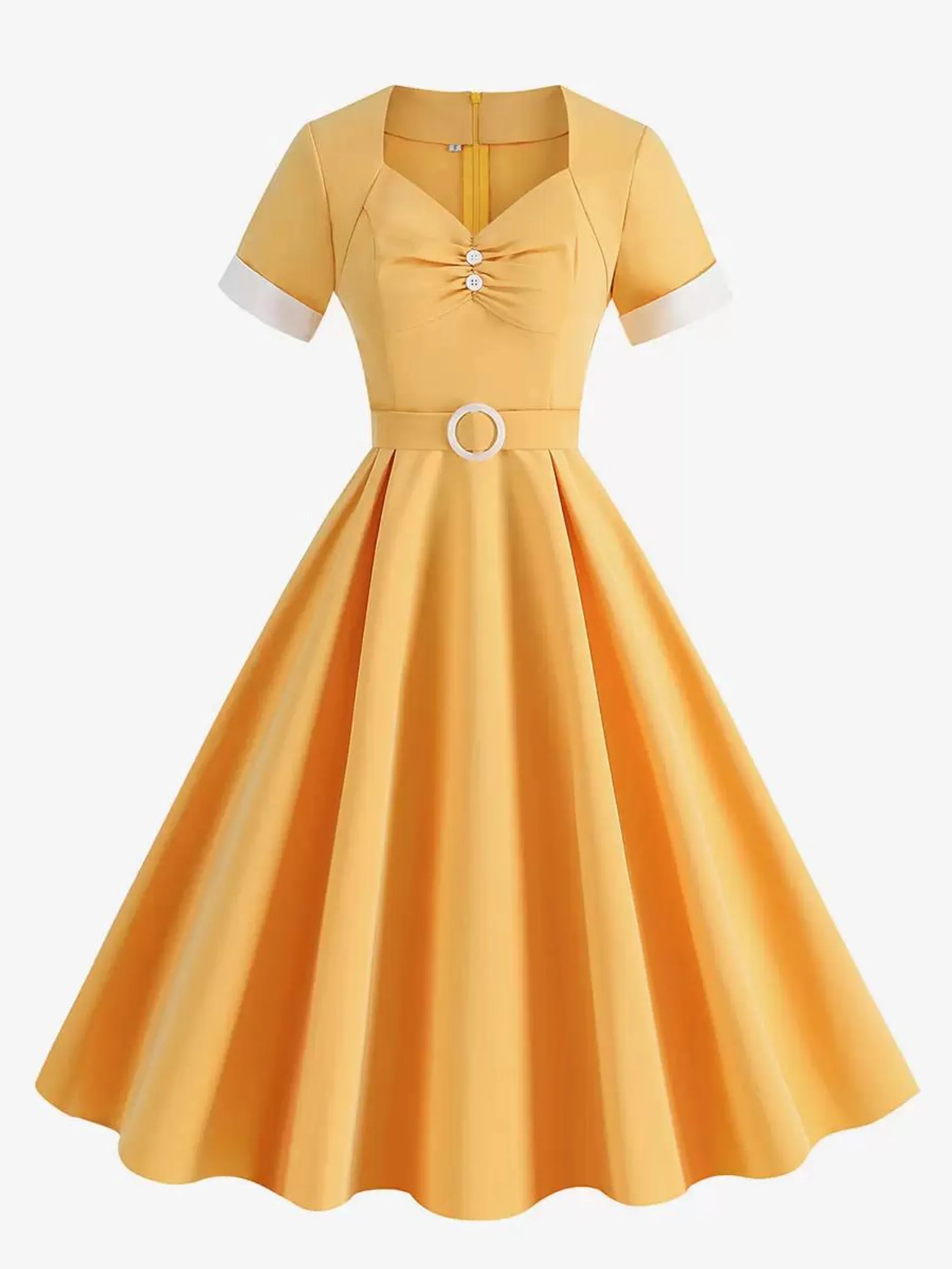 Vintage Dress 1950s Audrey Hepburn Style Sweetheart Neck Buttons Short Sleeves Two-Tone Medium Yellow Swing Dress