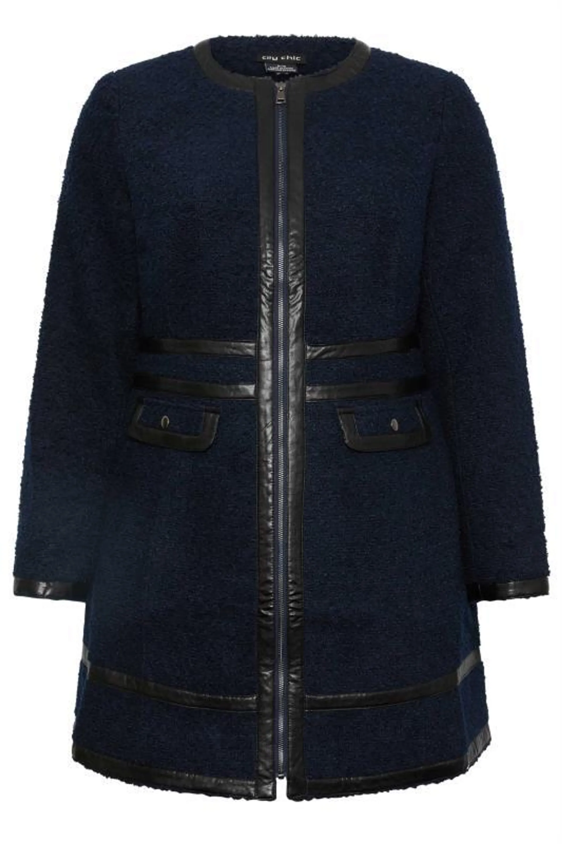 Avenue Navy Boucle Faux Leather Trim Coat