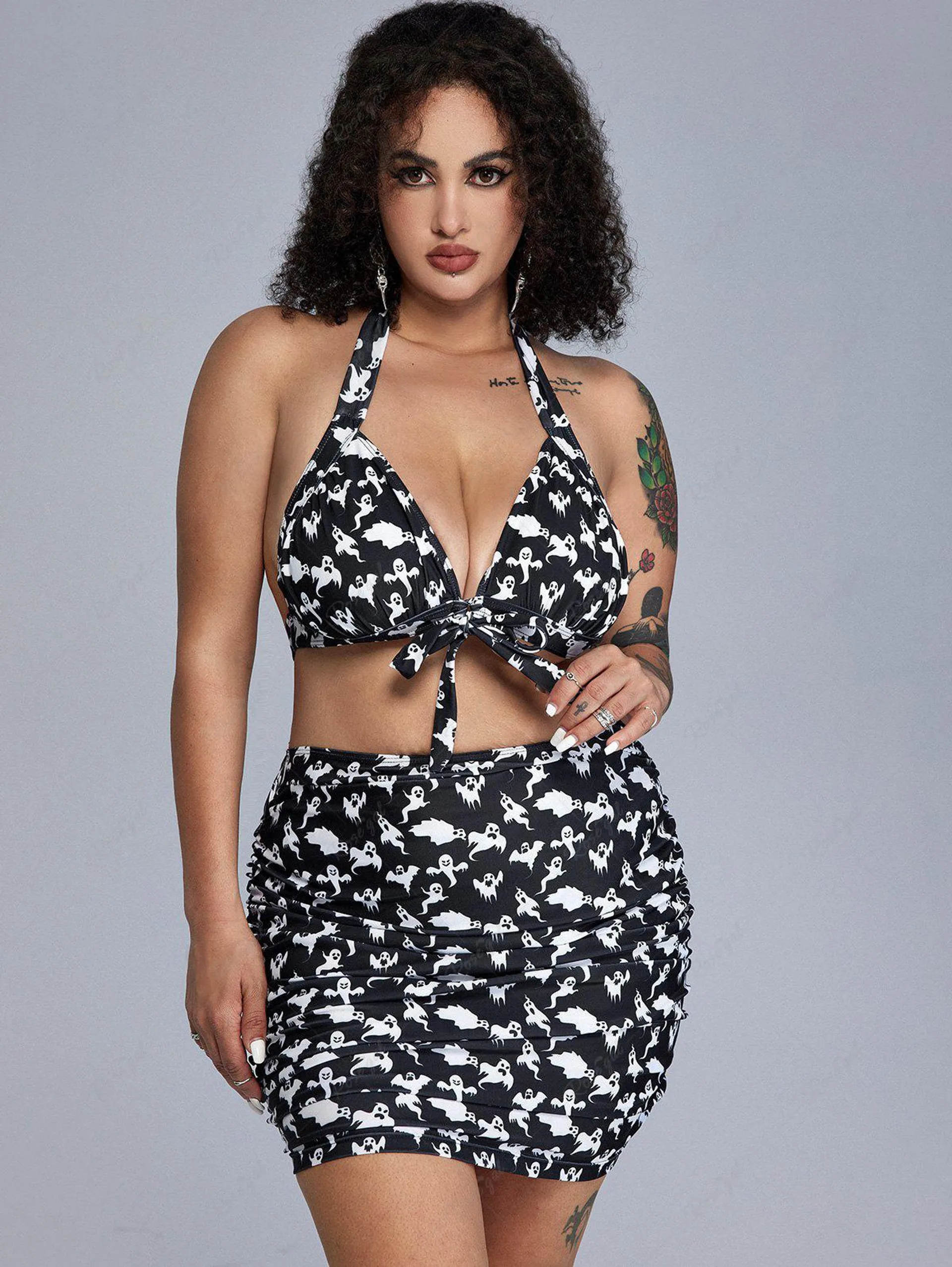 Gothic Ghost Print Halter Ruched Three Piece Bikini Swimsuit - 4x | Us 26-28