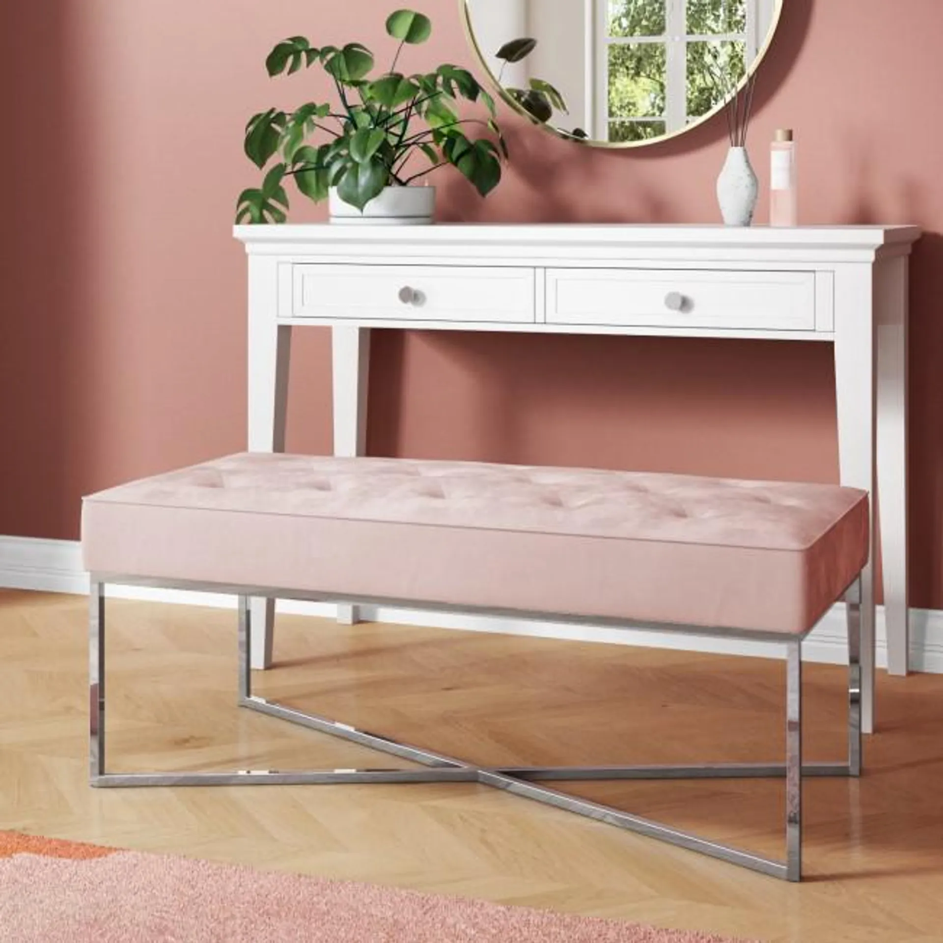Pink Velvet Bedroom Bench with Silver Legs - Esme