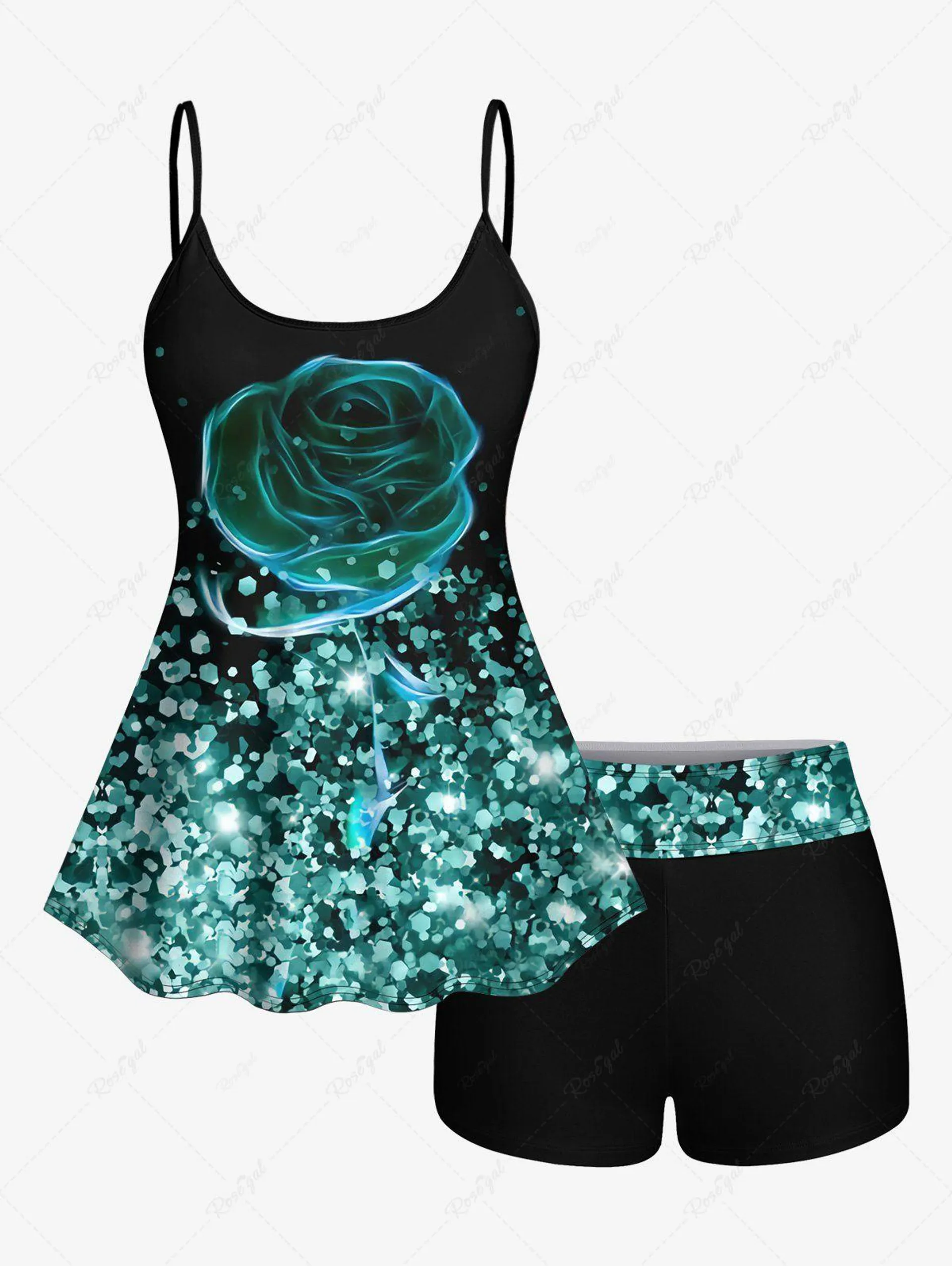 Rose Flower Sparkling Sequin Glitter 3D Print Boyshorts Tankini Set - 3x