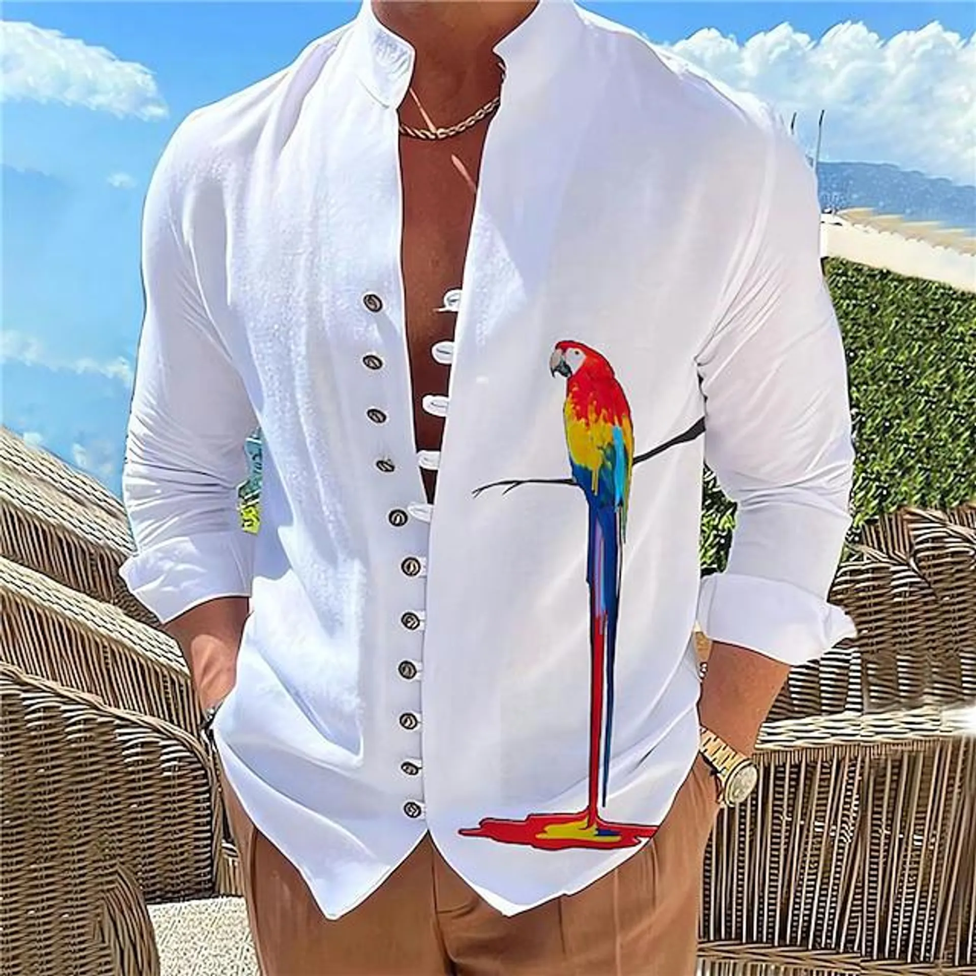 Men's Shirt Graphic Prints Parrot Stand Collar White Blue Blue / White White+Gray Brown Outdoor Street Long Sleeve Print Clothing Apparel Fashion Designer Casual Comfortable