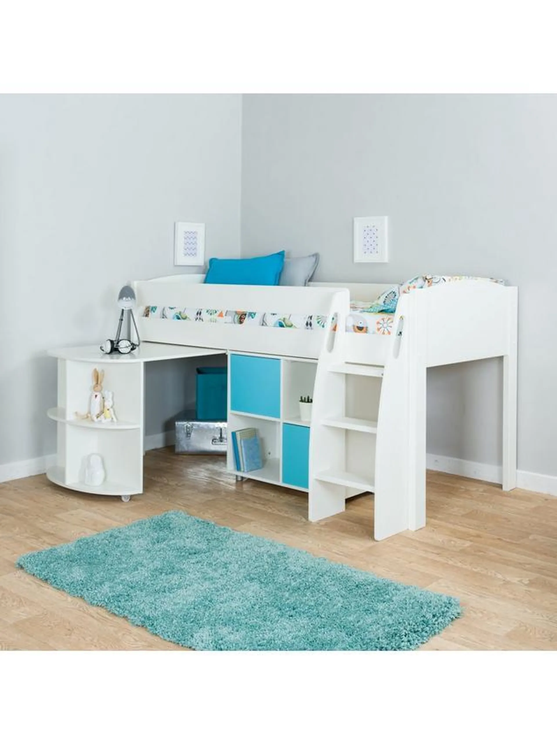 Uno S Plus Mid-Sleeper with White Headboard, Pull-Out Desk and 2 Door Cube Unit