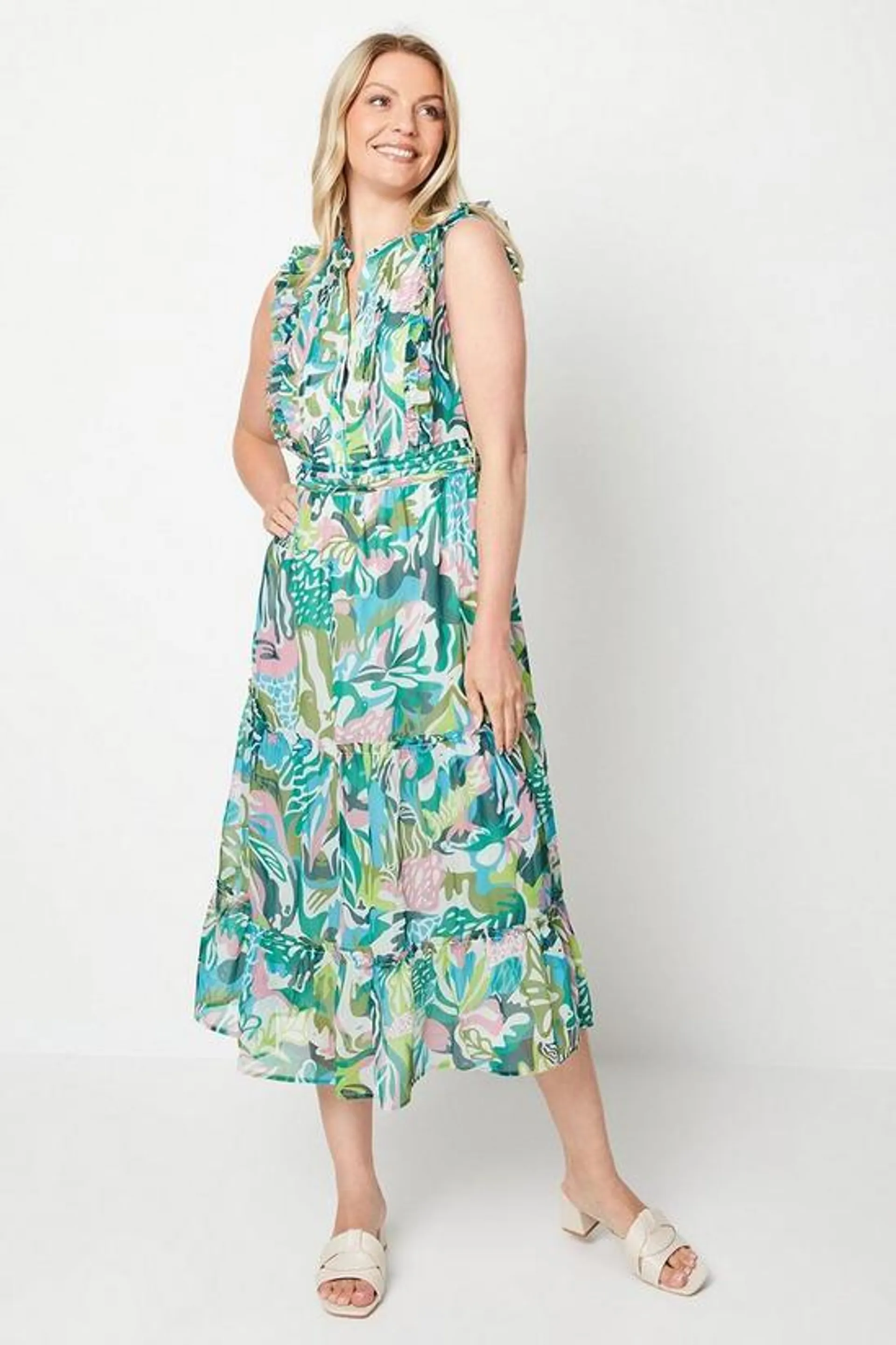 Watercolour Chiffon Pleat Button Detail Tier Midi Dress