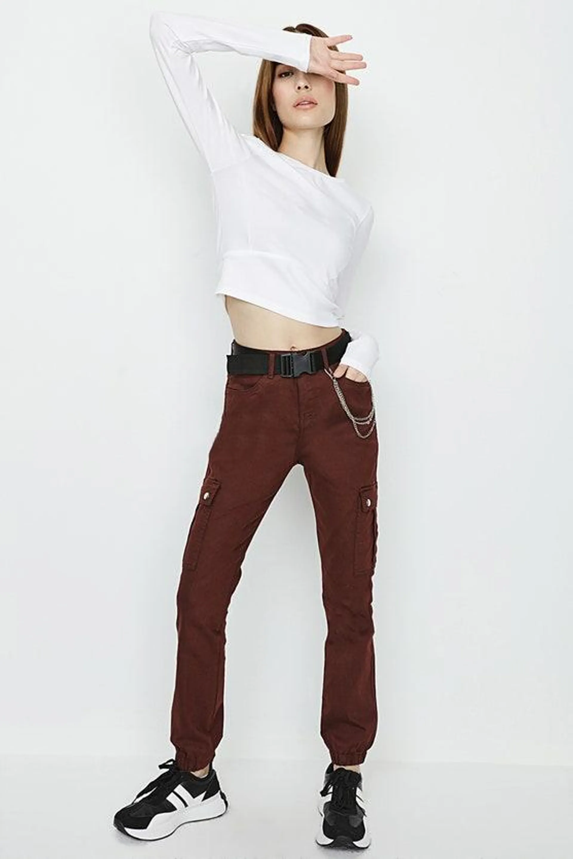 Dark Chocolate Chain Cargo Trousers With Belt