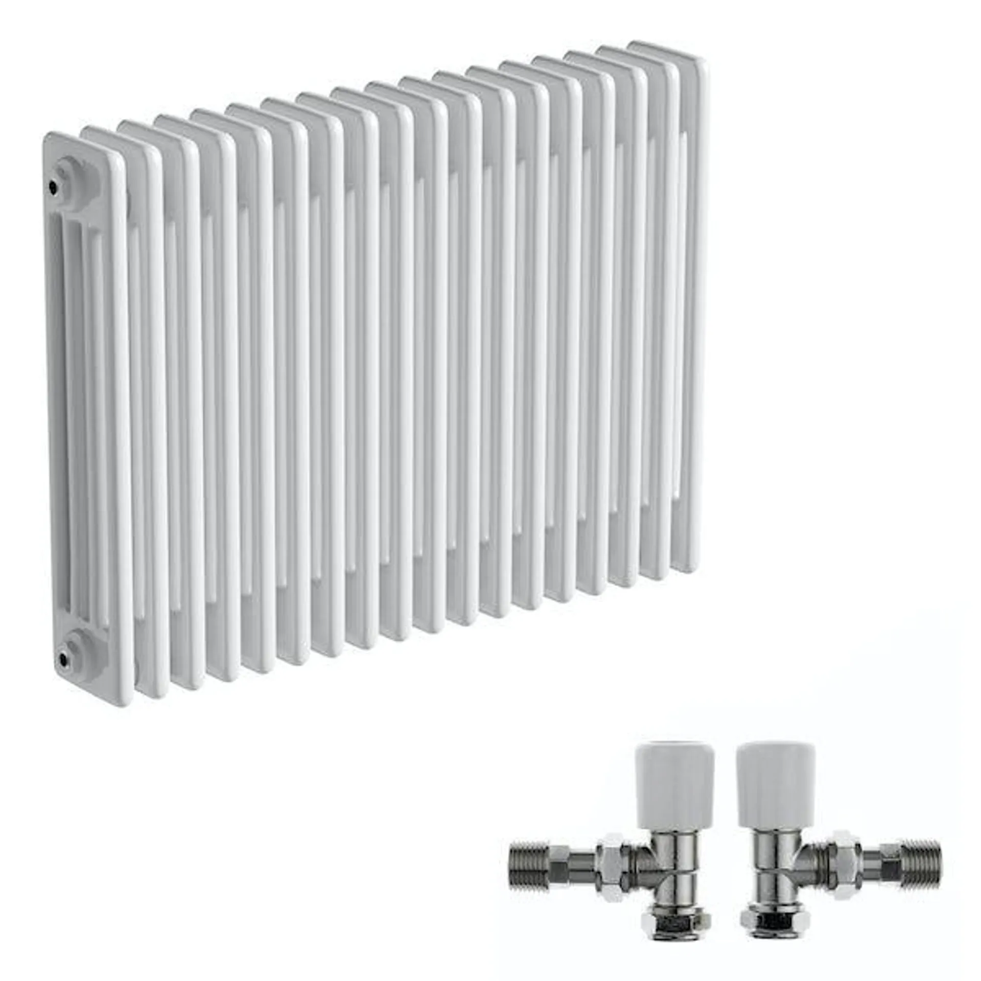 The Heating Co. Corso white 4 column radiator 600 x 834 with angled valves