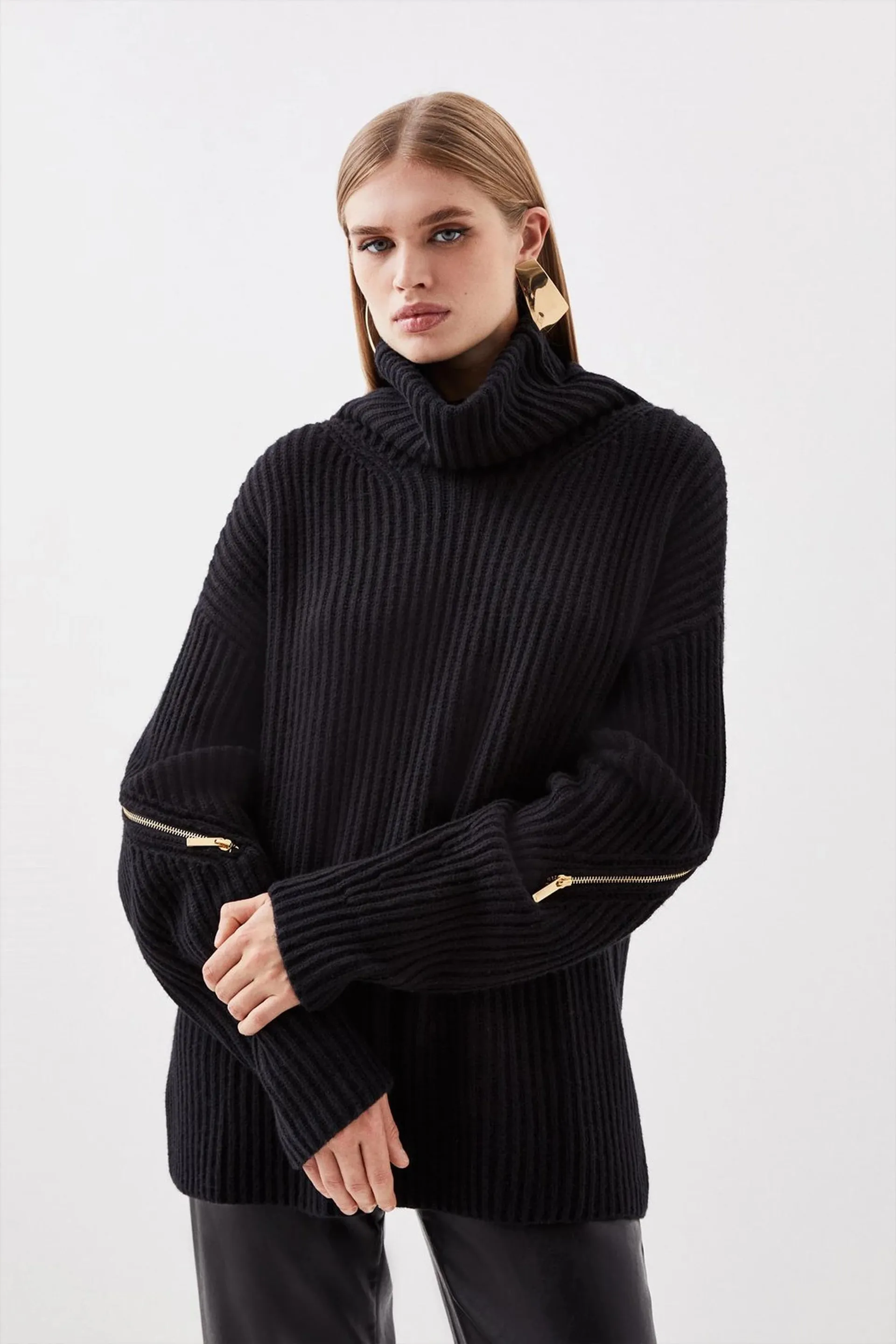 Cashmere Wool Mid Gg Roll Neck Knit Zip Detail Jumper