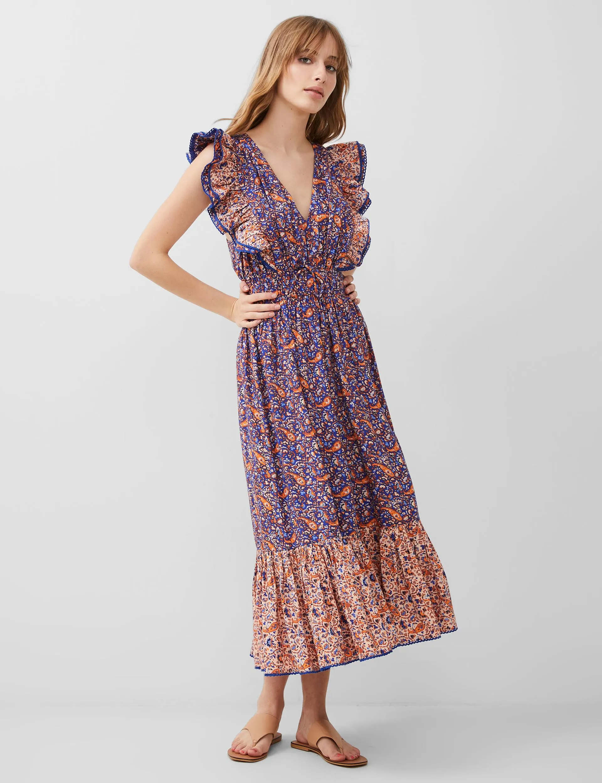 Cotton Blend Paisley V-Neck Midi Tiered Dress