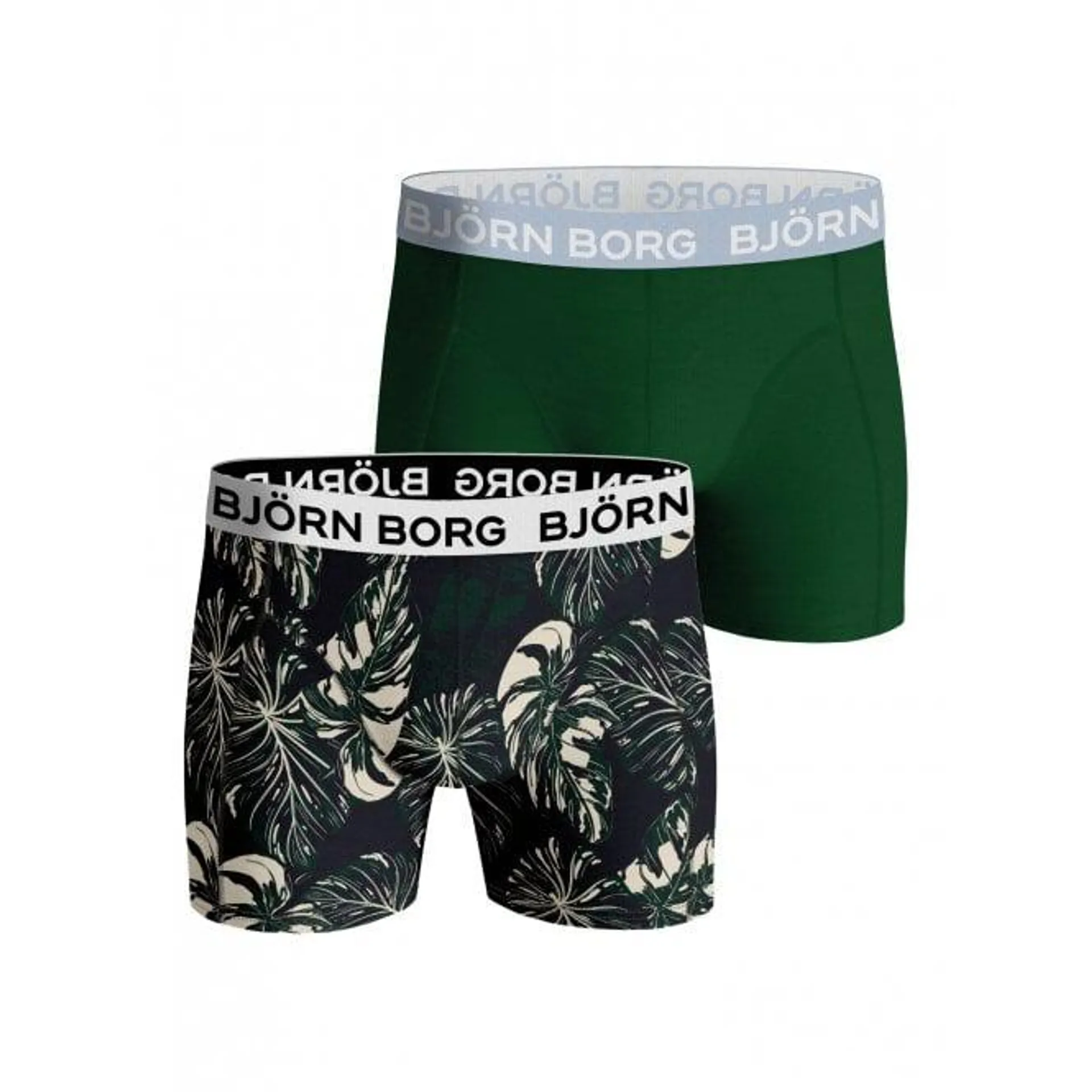 Bjorn Borg 2-Pack Leaf Print & Solid Boys Boxer Trunks, Green/Navy