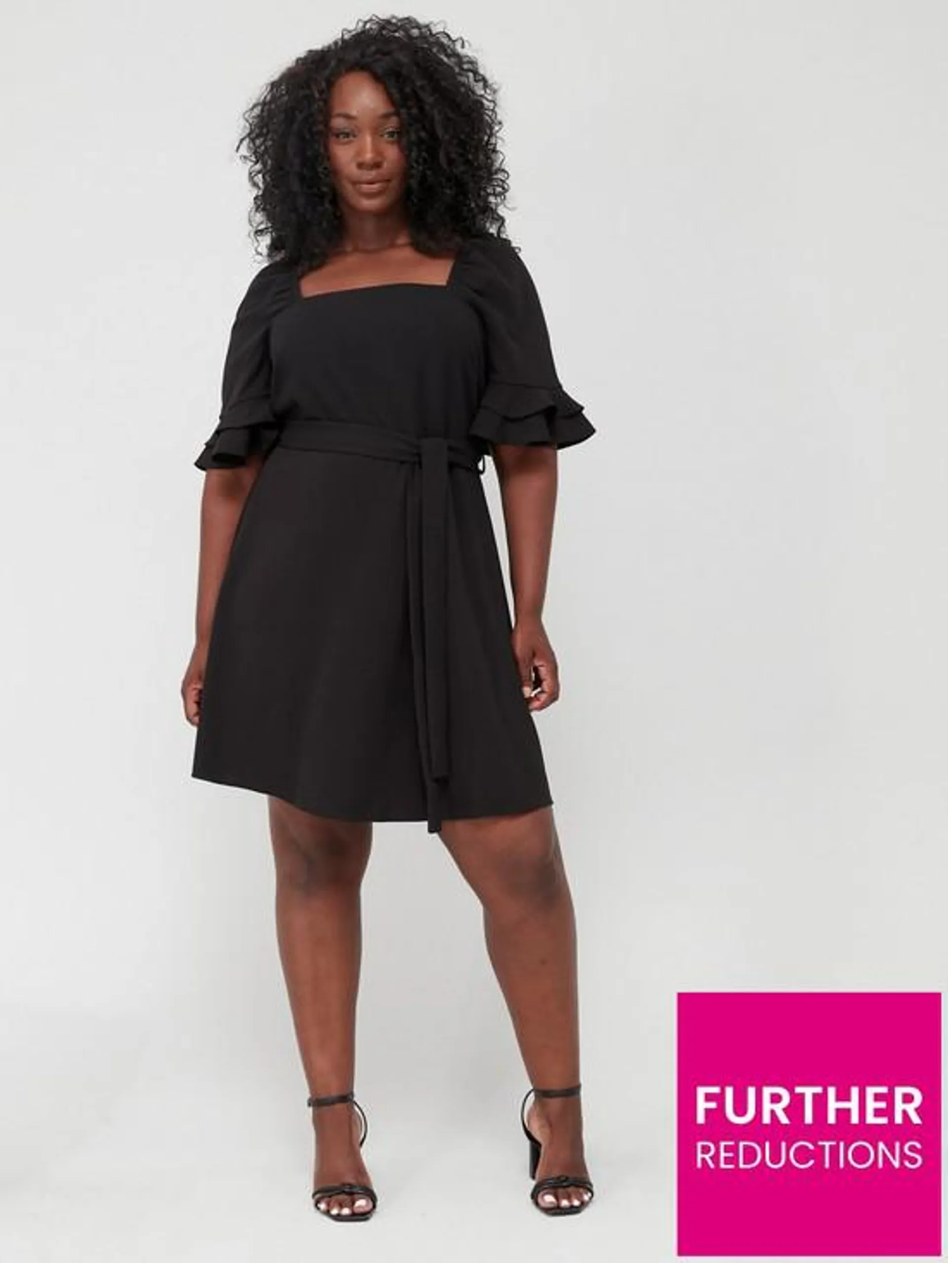 Three Quarter Square Neck Sleeve Belted Mini Dress - Black