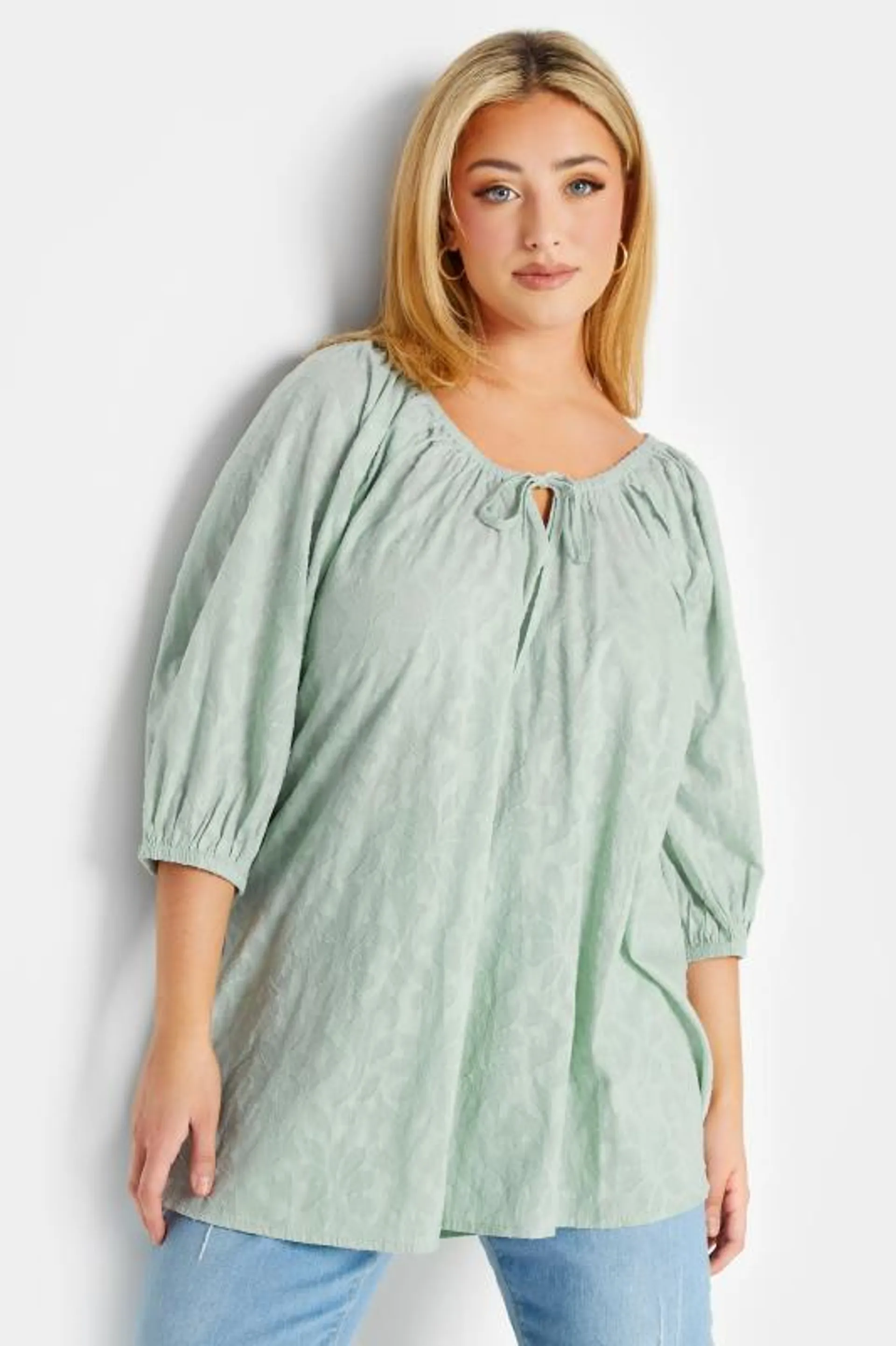 YOURS Curve Mint Green Tie Neck Textured Top