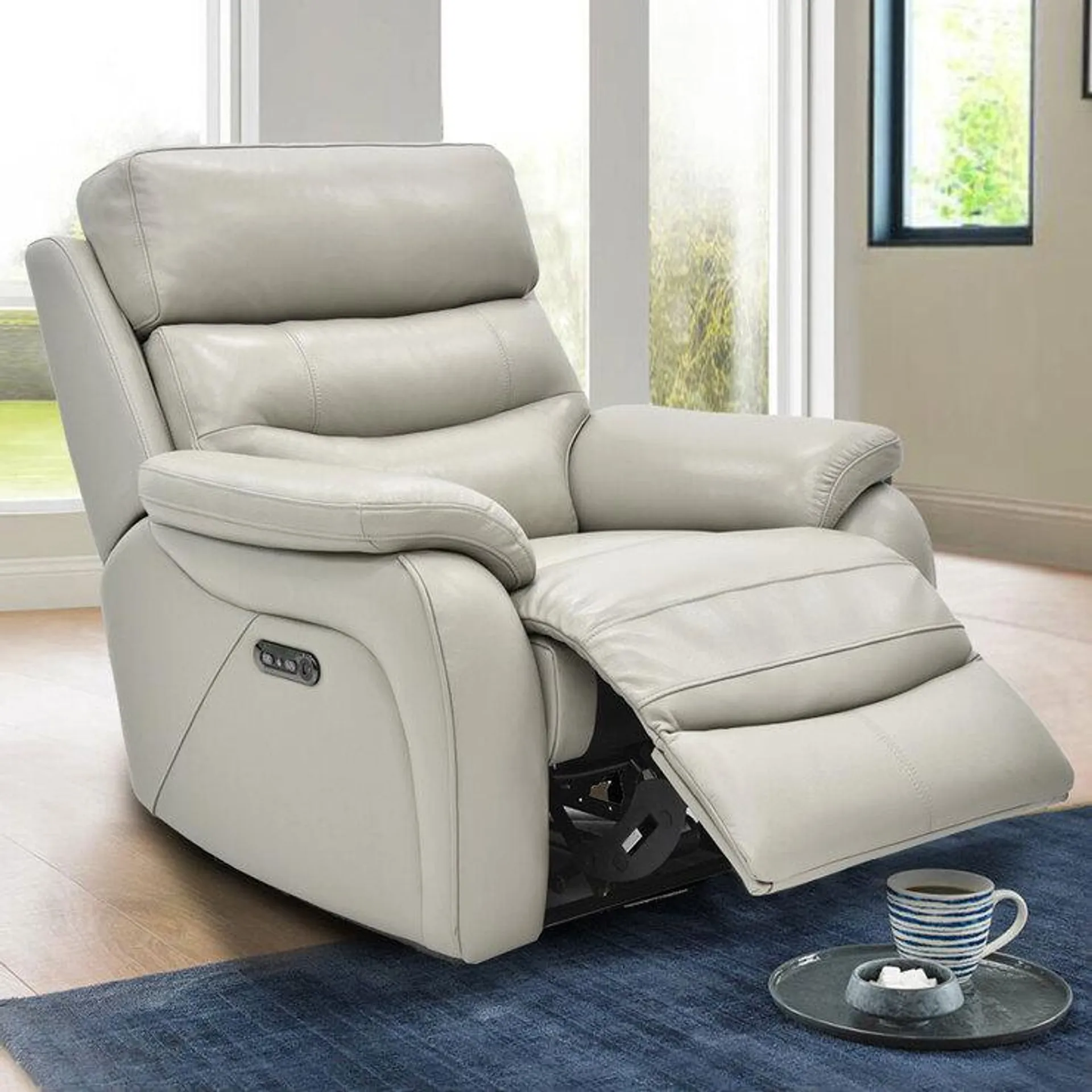 Fletcher Light Grey Leather Power Recliner Armchair with Power Headrest