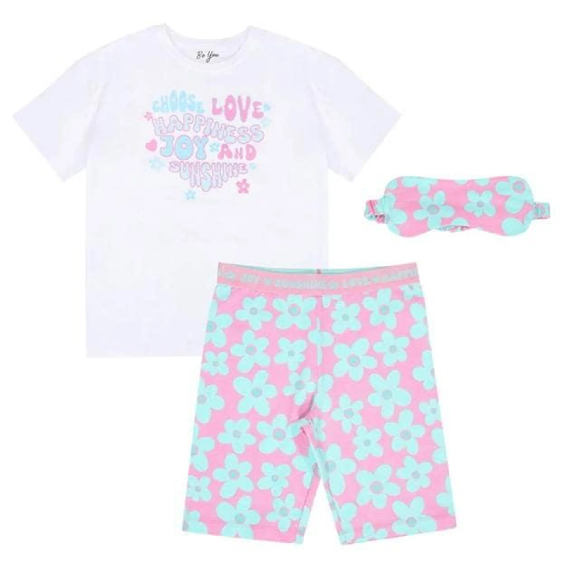 Older Girls Flower Slogan Shortie Pyjamas with Eye Mask