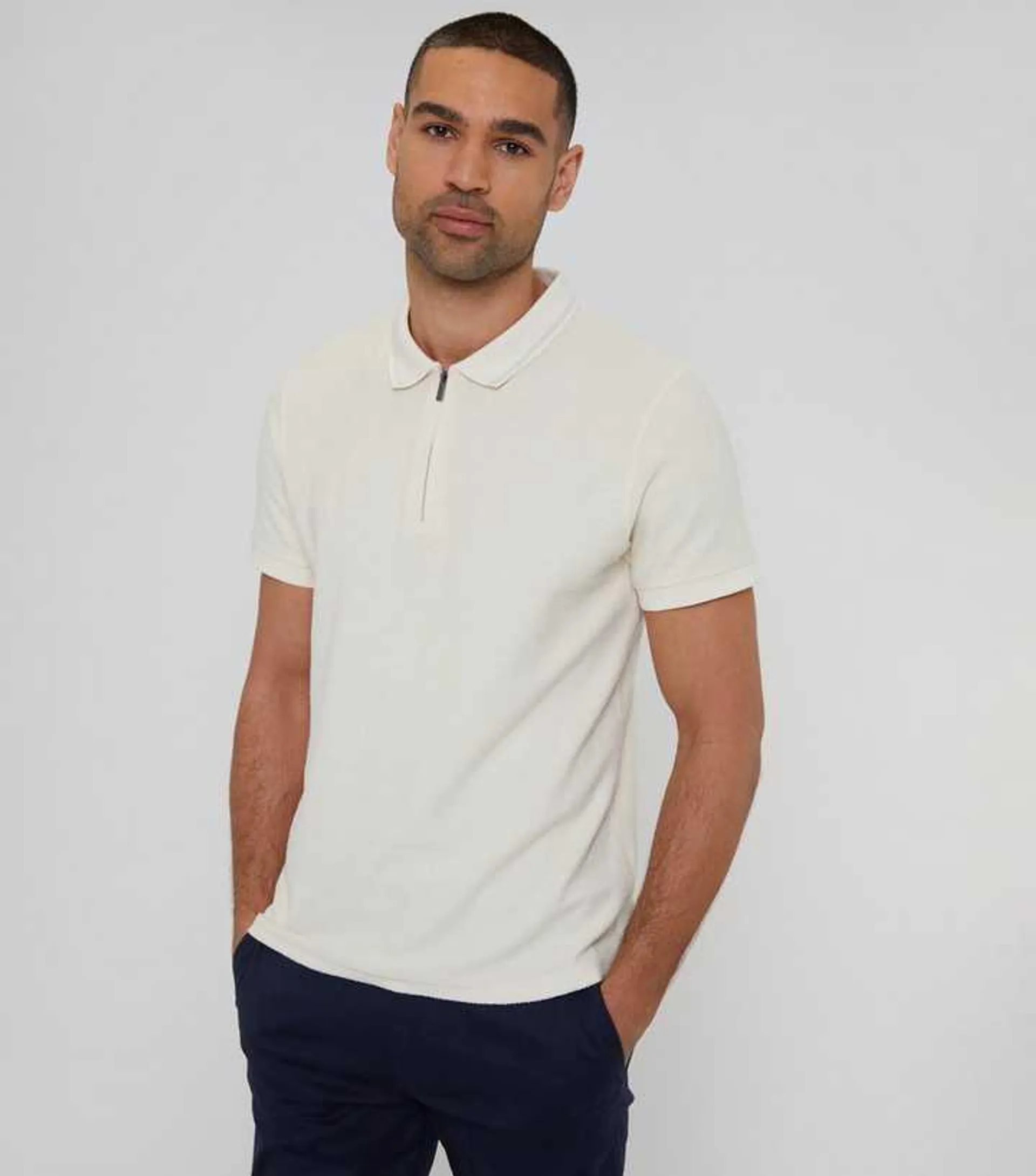 Threadbare Off White Textured Zip Polo Shirt