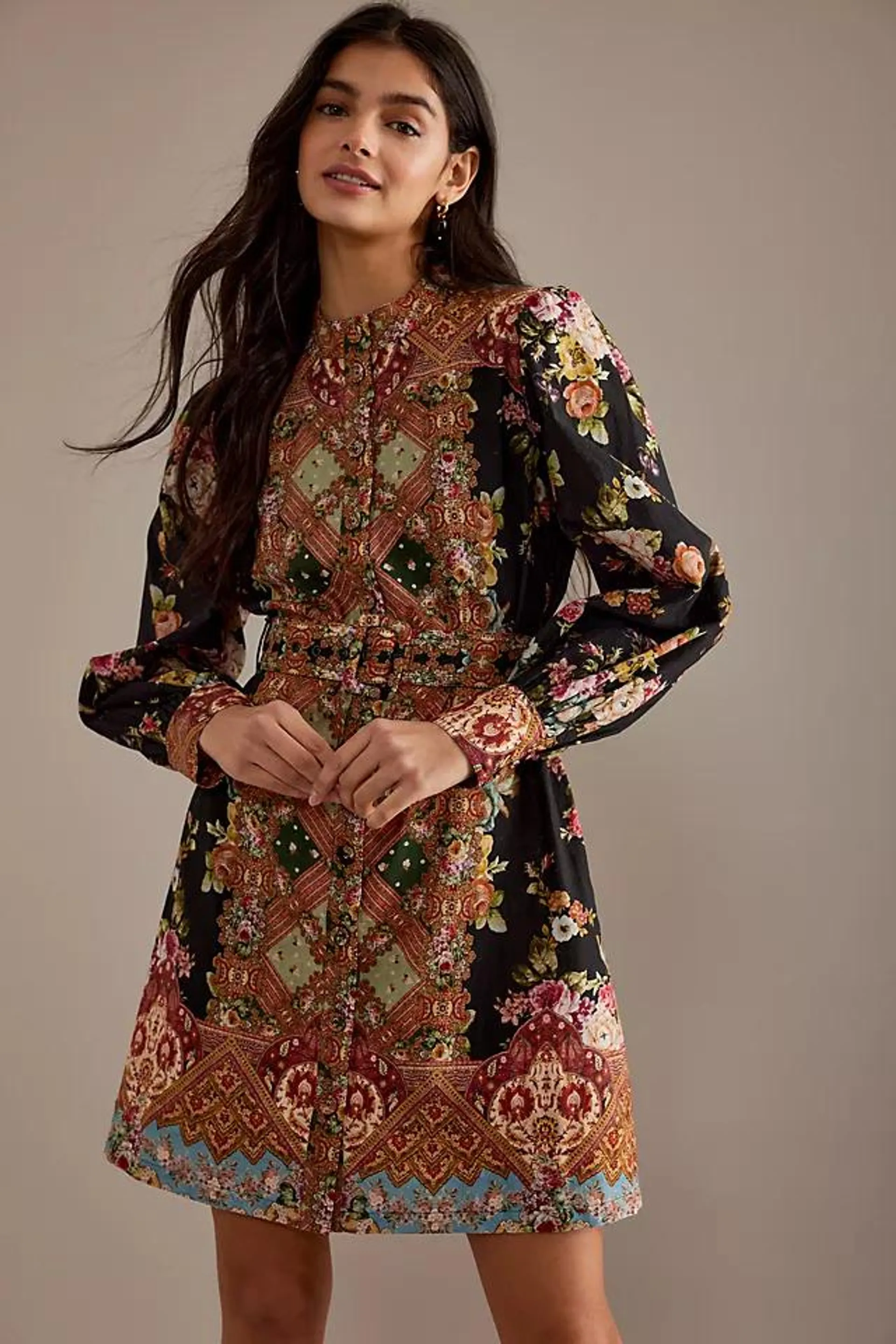 Kachel Printed Long-Sleeve Belted Mini Shirt Dress