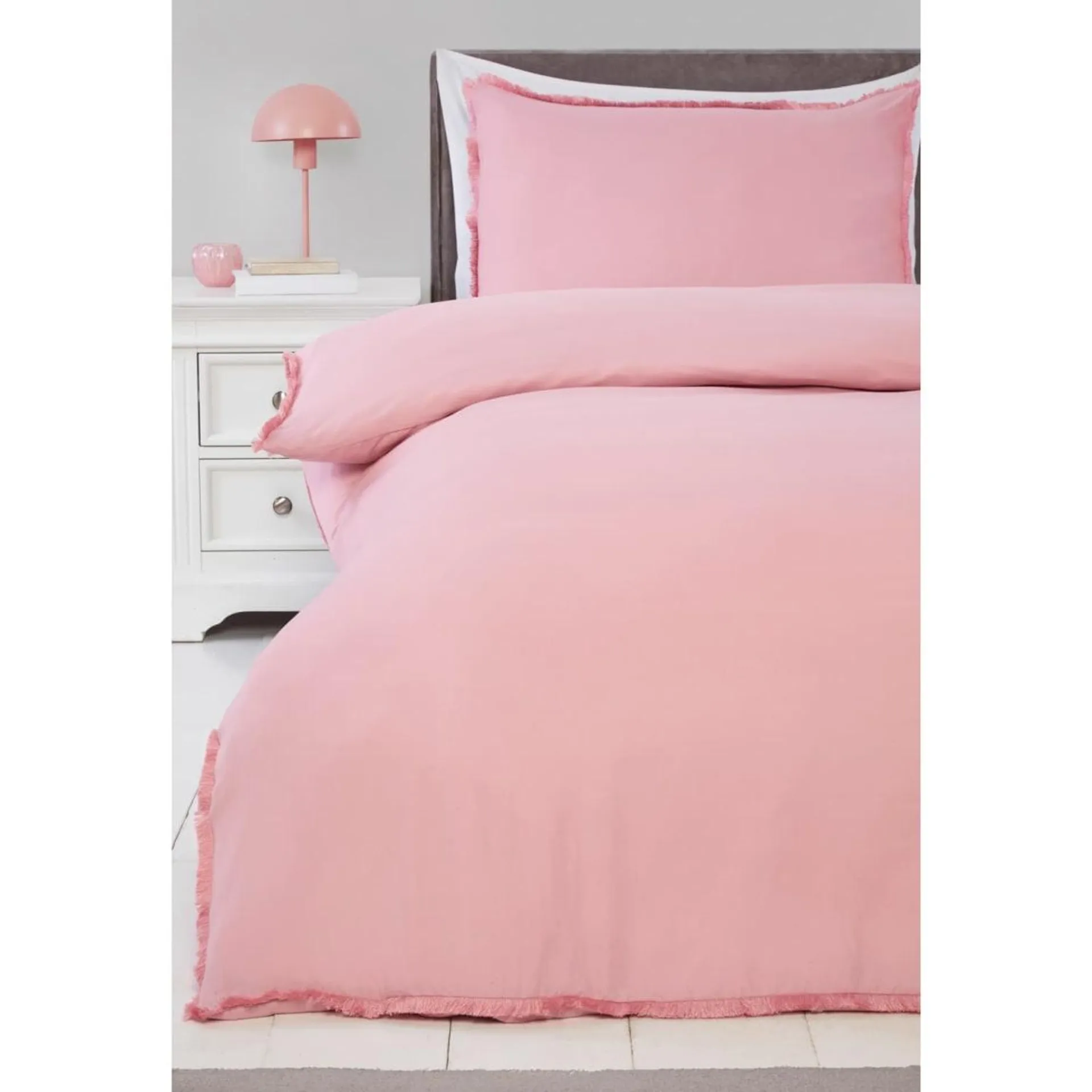 Fringed Trim Single Duvet Set - Pink