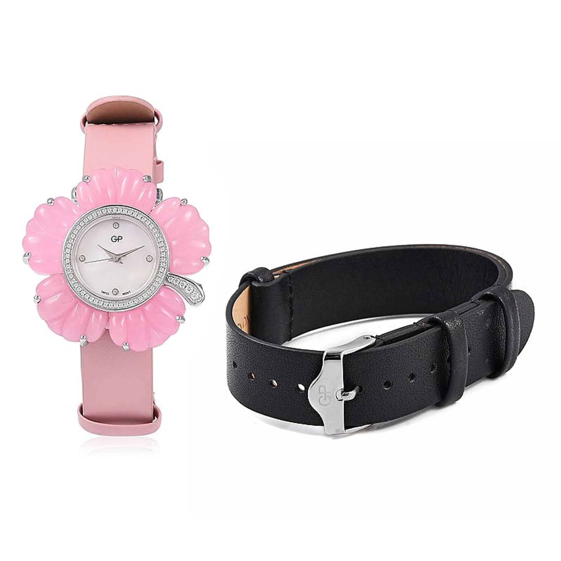 2 Piece Set - GP Carved Pink Jade and Simulated Diamond Watch with Extra Black Strap