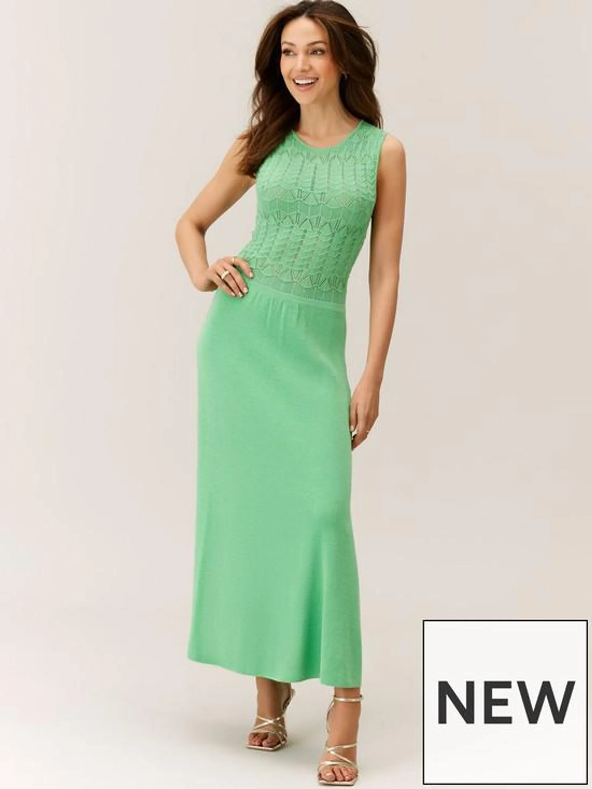 Michelle Keegan Ruched Front Textured Knit Midi Dress - Green