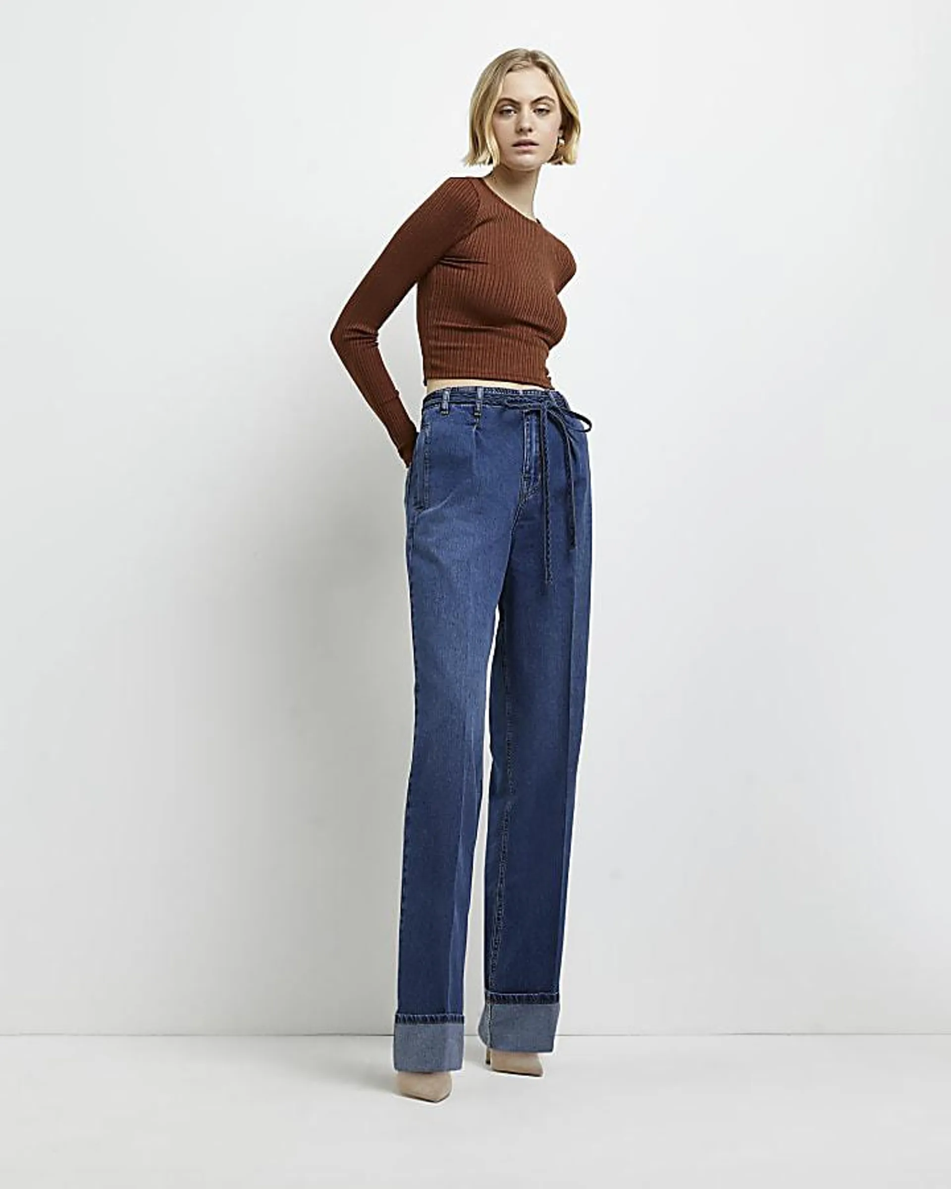 Blue high waisted straight leg jeans