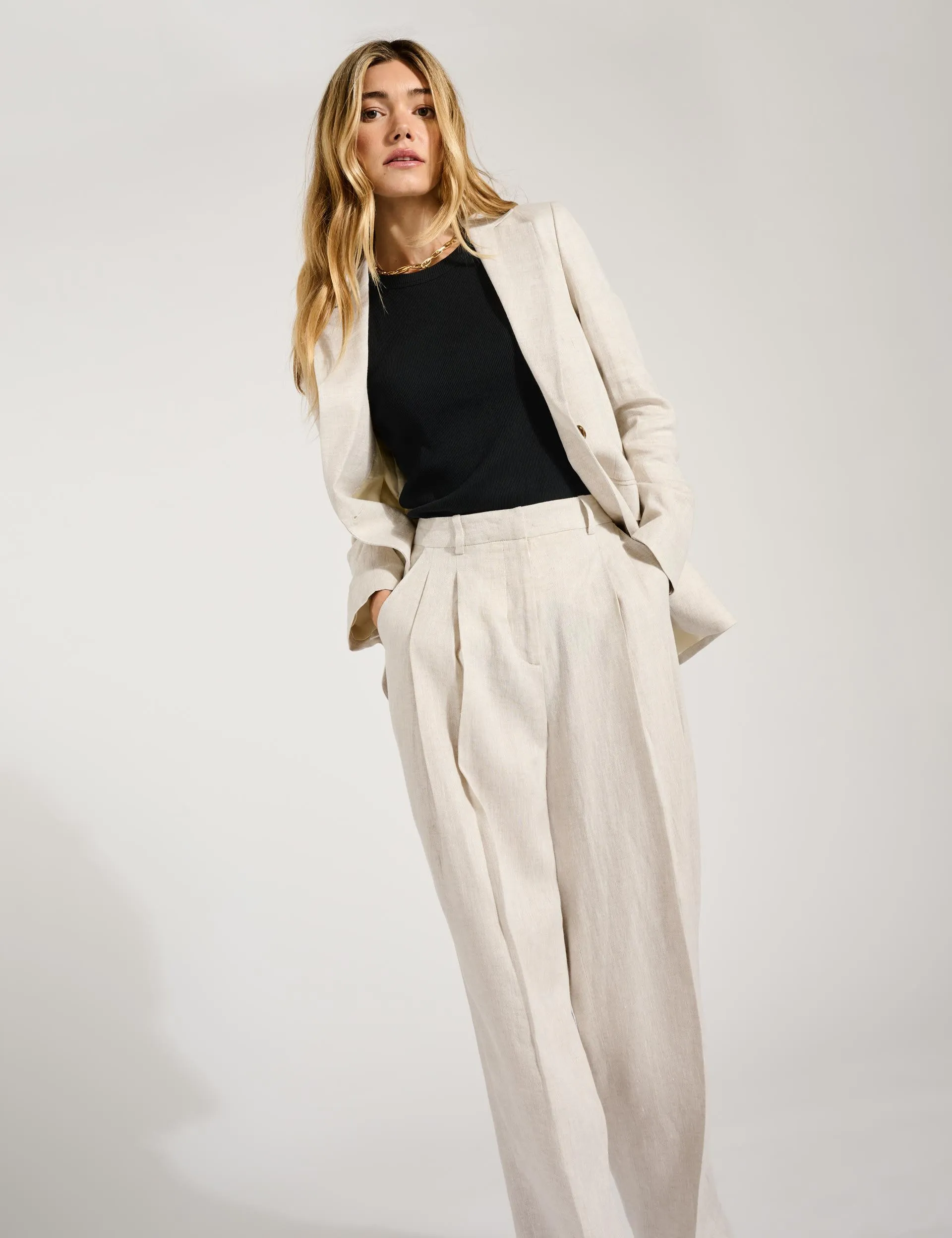 Linen Blend Wide Leg Trousers