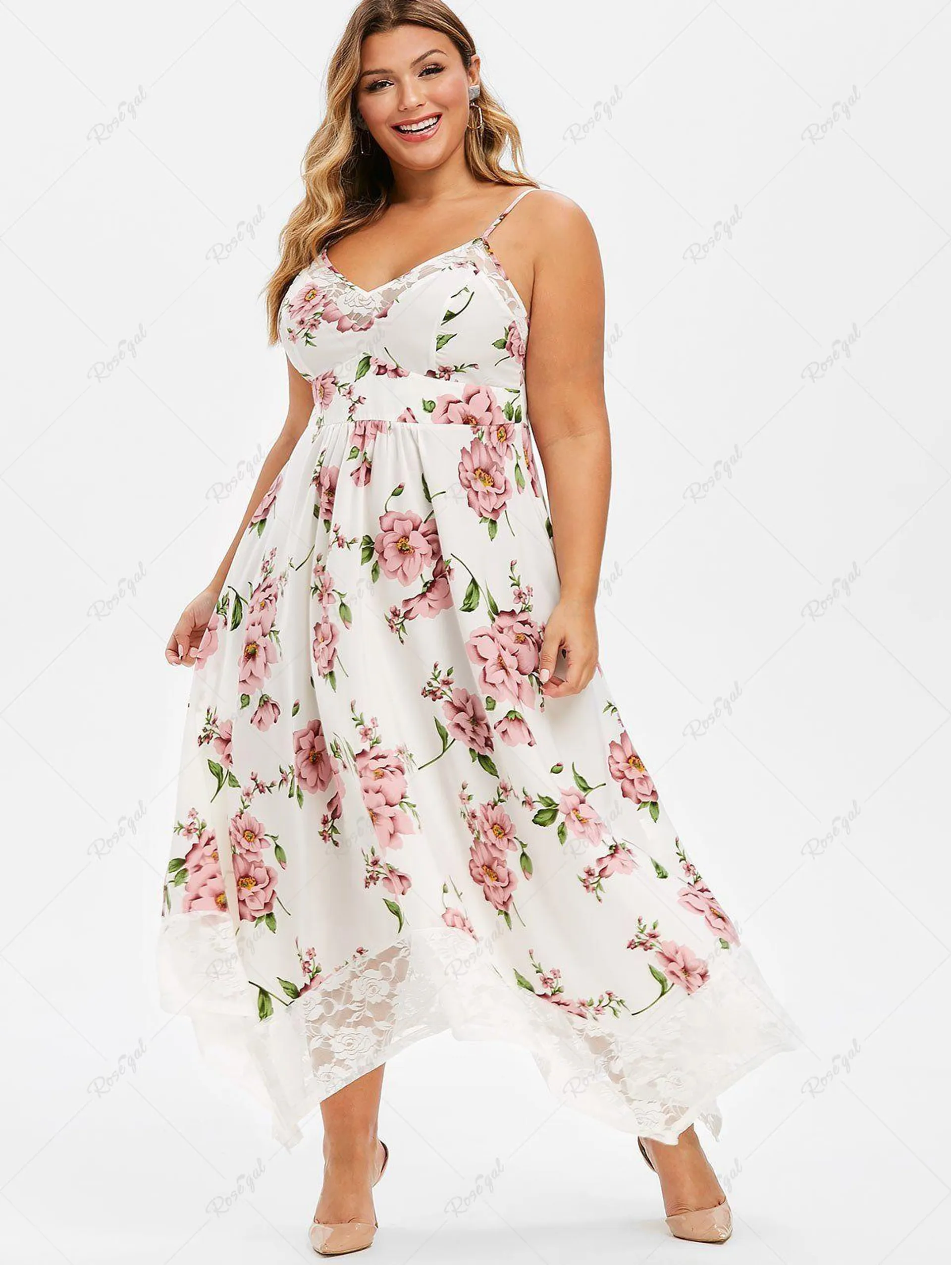 Plus Size Flower Print Lace Panel Asymmetrical Dress - 2x | Us 18-20