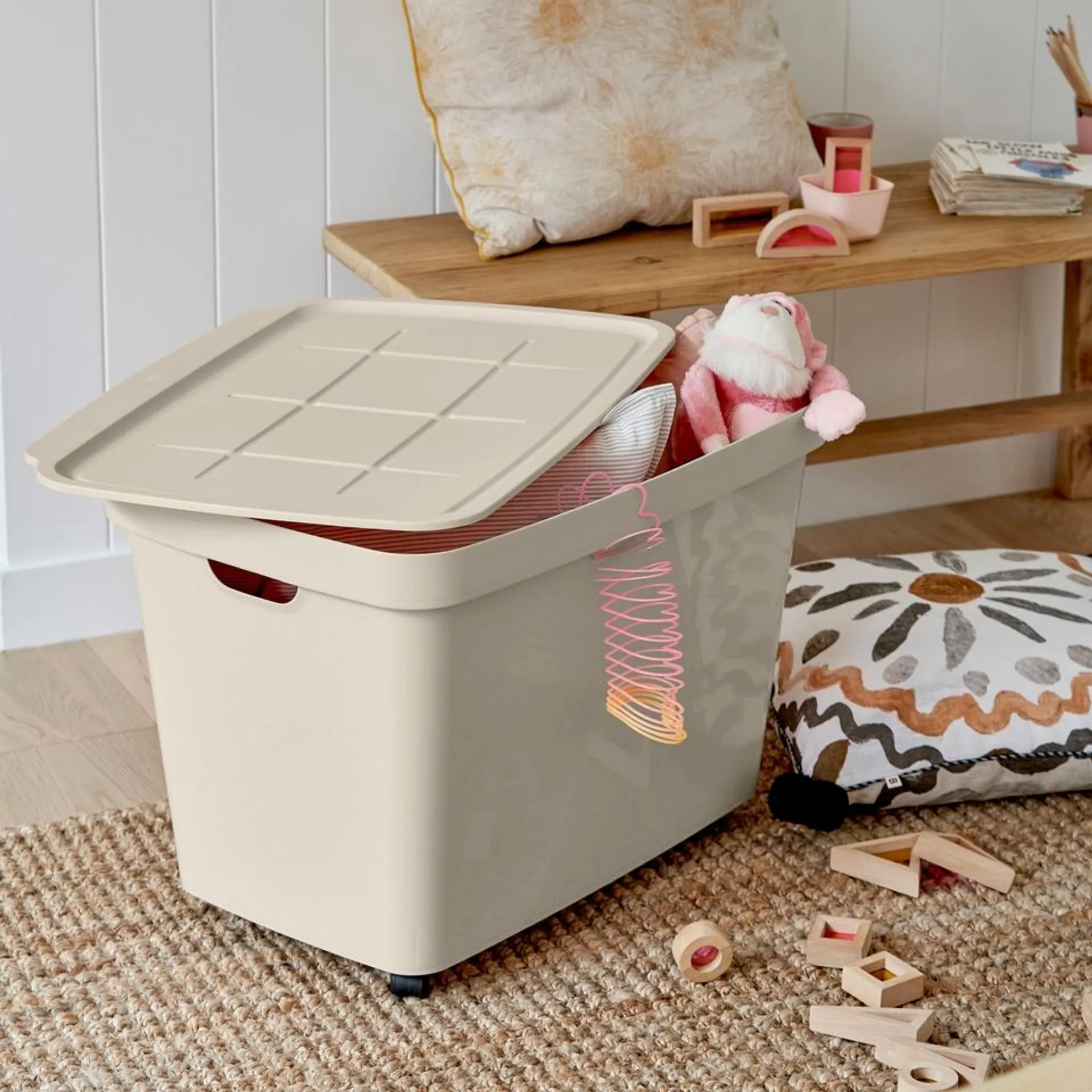 Ezy Storage Store Away 80L Rolling Bin - Cream