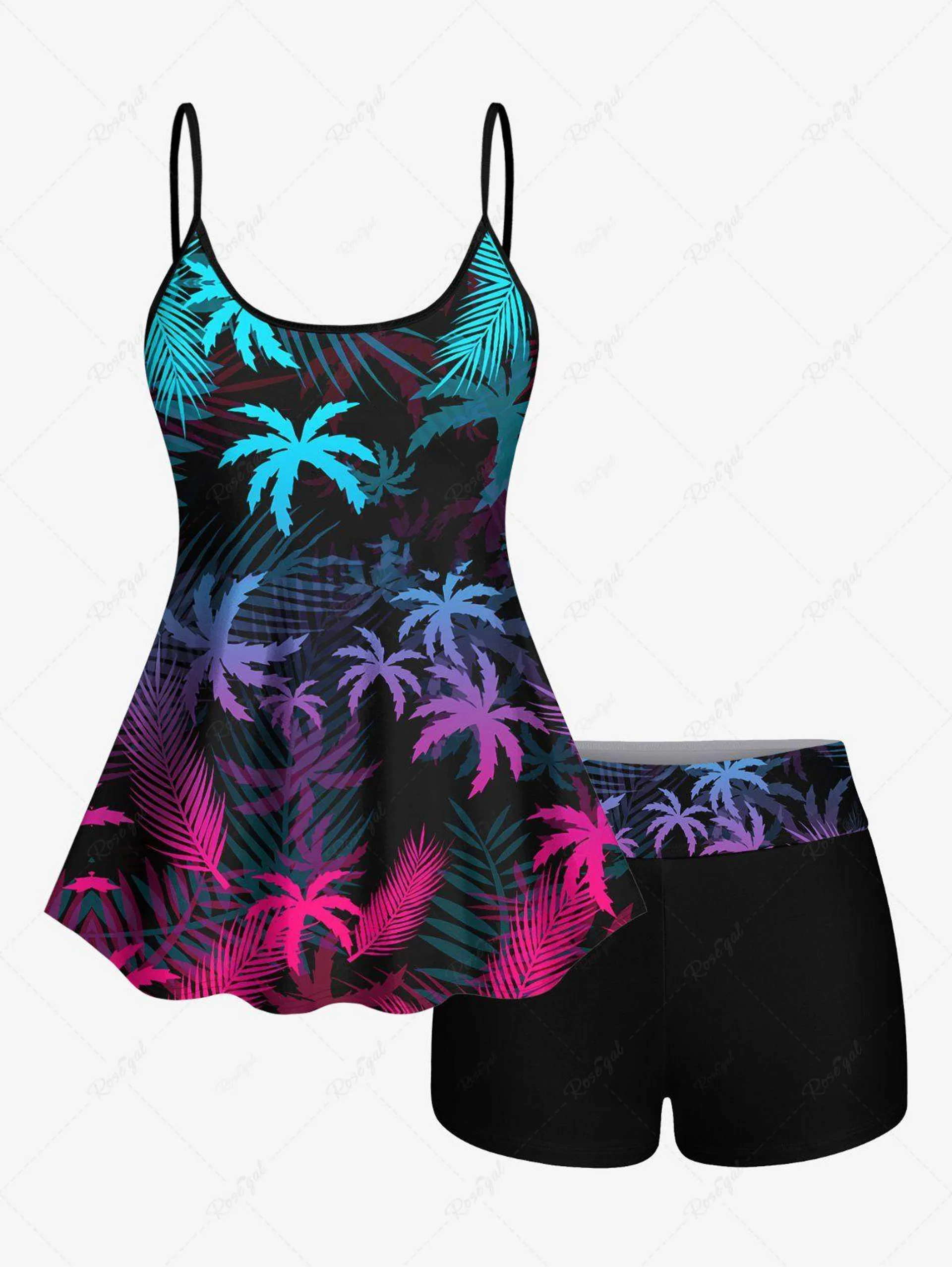 Tropical Leaf Colorful Coconut Tree Print Boyleg Hawaii Tankini Swimsuit(Adjustable Shoulder Strap) - Xs