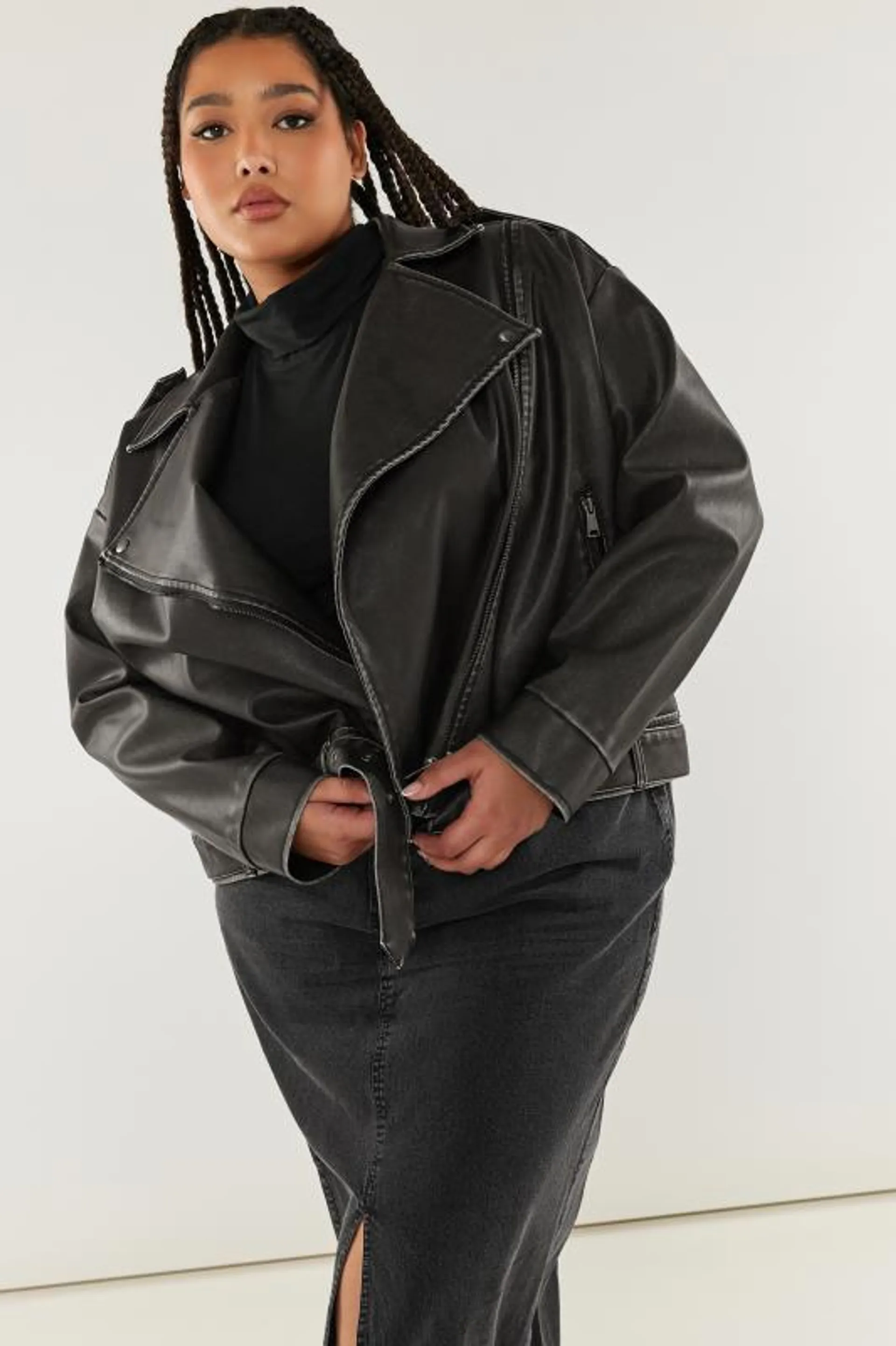 YOURS Curve Black Washed Faux Leather Biker Jacket