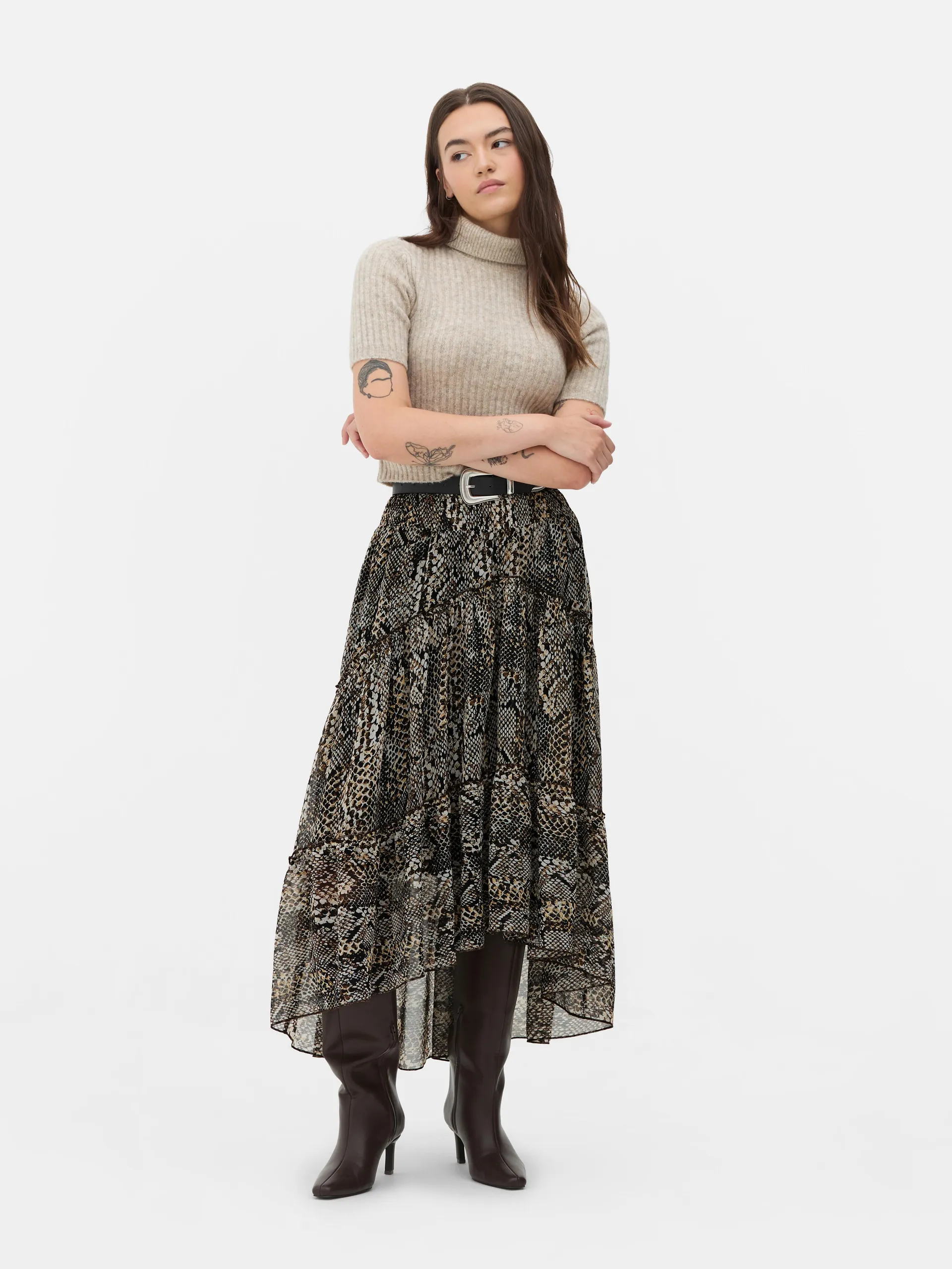 Snake Print Chiffon Maxi Skirt