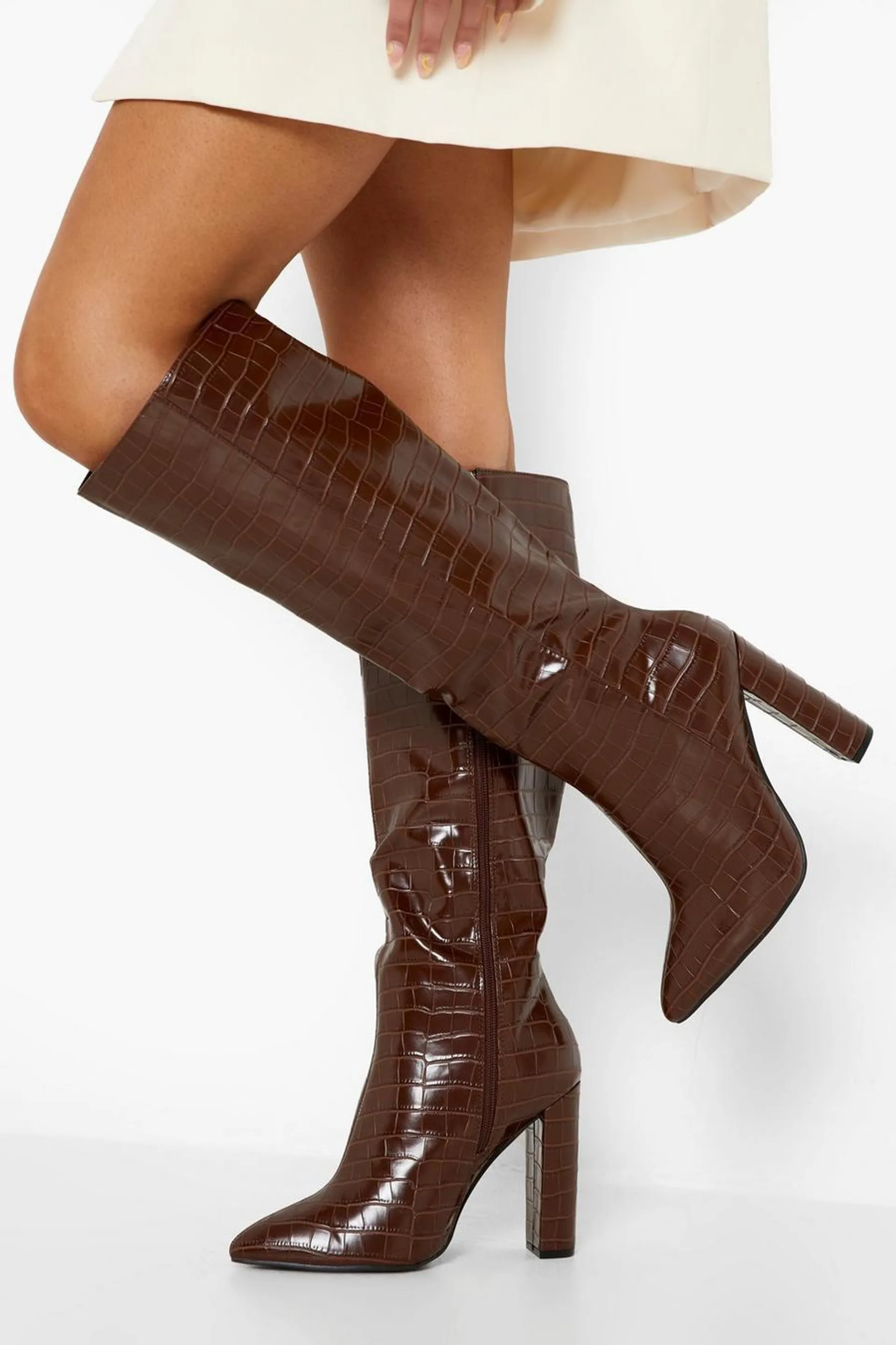 Wide Fit Pointed Toe Croc Knee High Boots