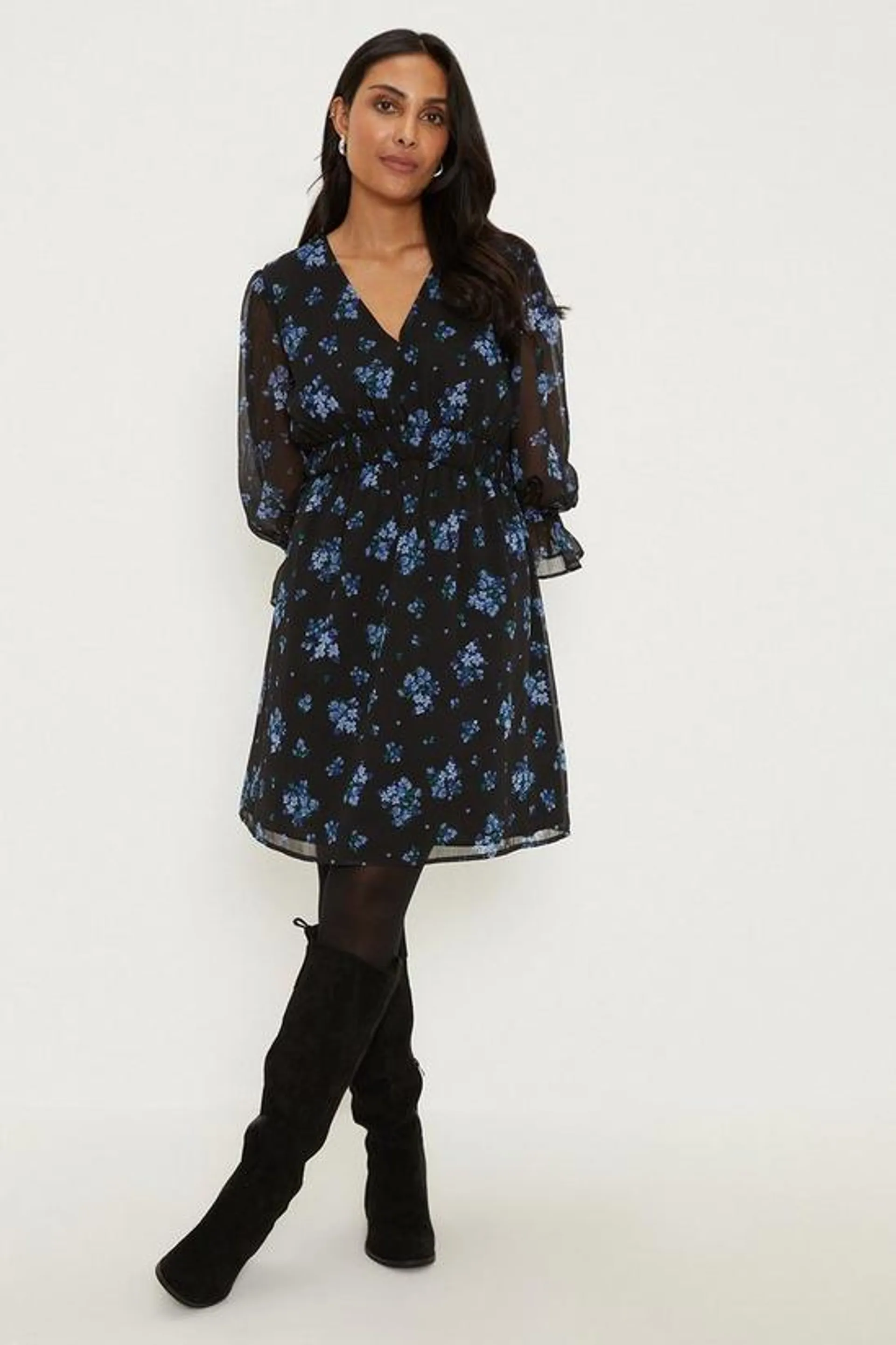 Petite Blue Floral Shirred Waist Mini Dress