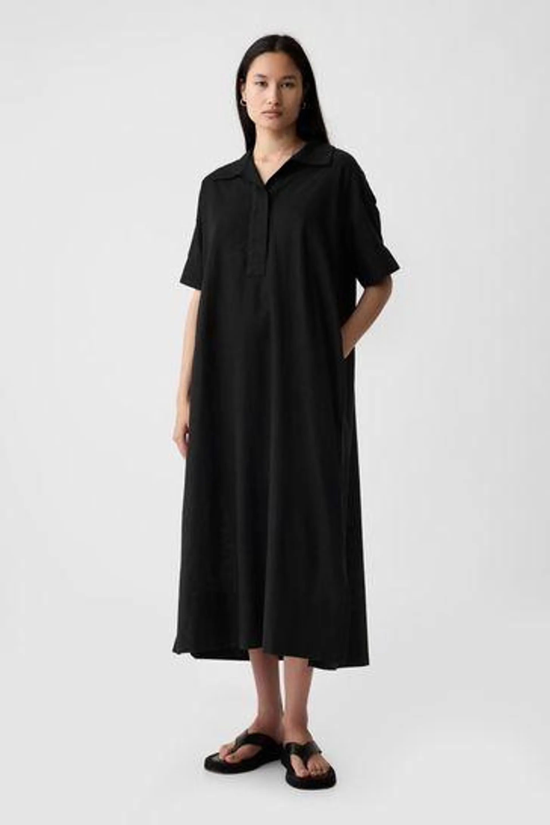 Linen-Cotton Short Sleeve Maxi Dress