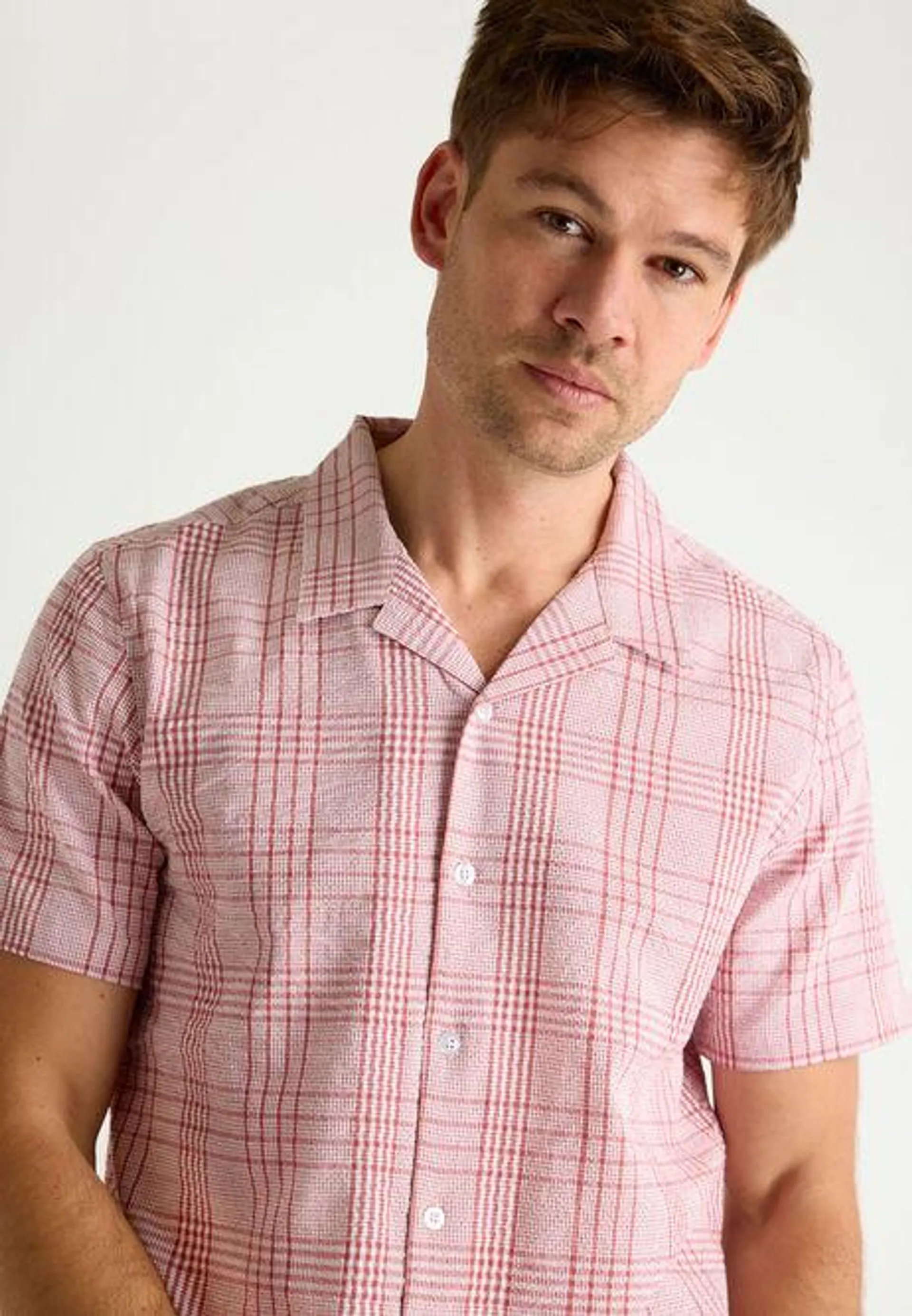 Mens Red & White Checked Short Sleeve Shirt