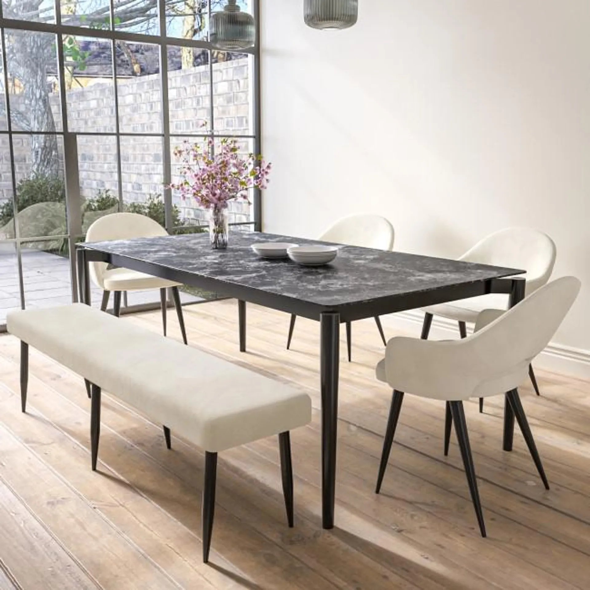 Extendable Black Marble Dining Table with 4 Beige Fabric Dining Chairs and Matching Bench - Camilla