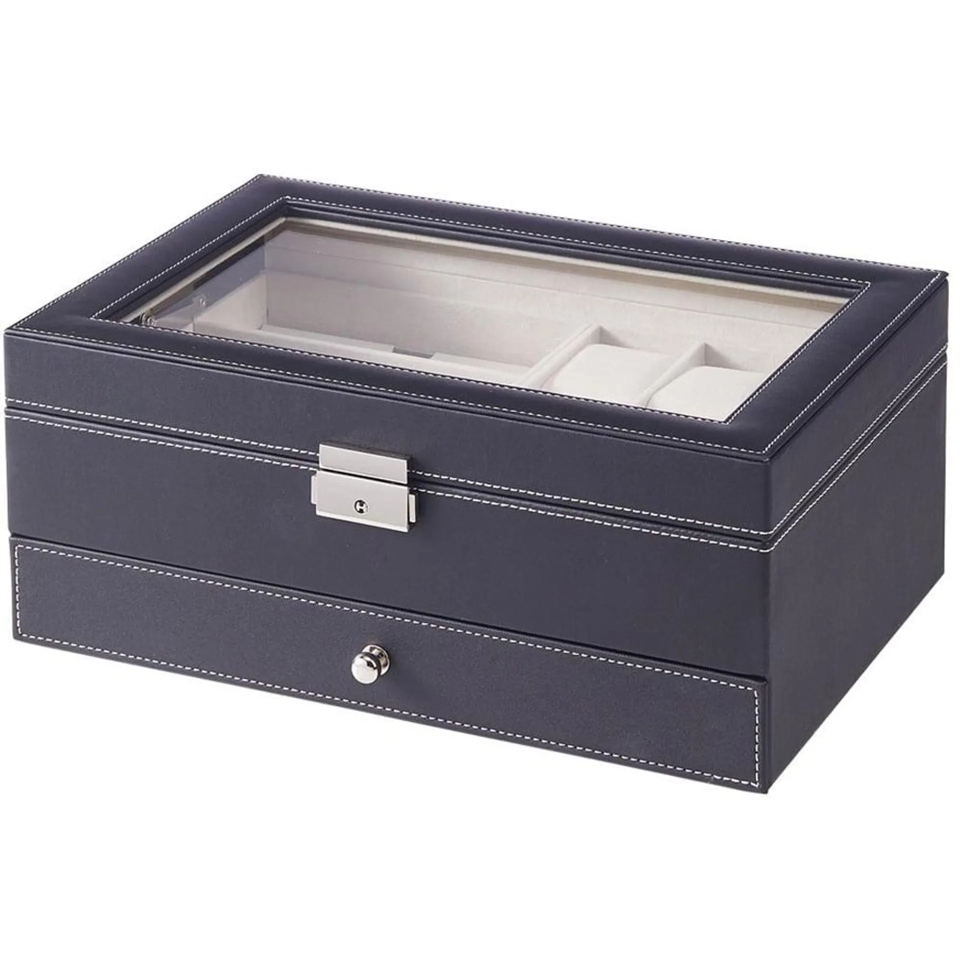 H&O Direct Single Drawer Black PU Leather Watch and Jewellery Box