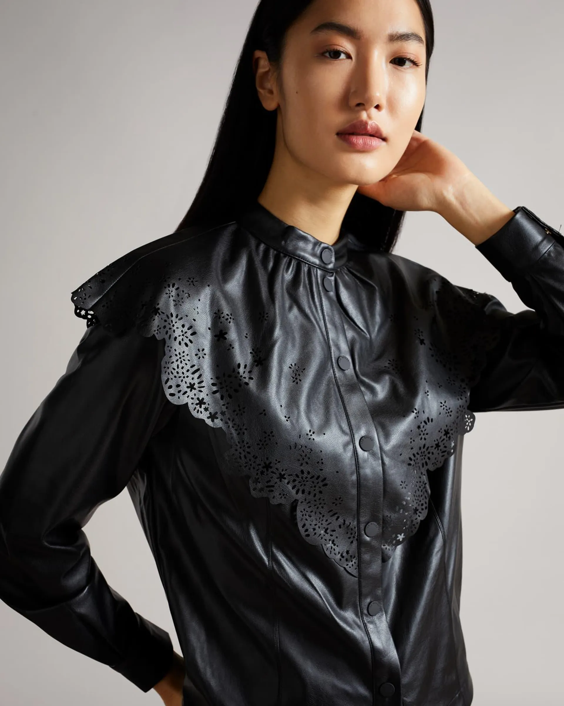 Perforated Pleather Top With Collar