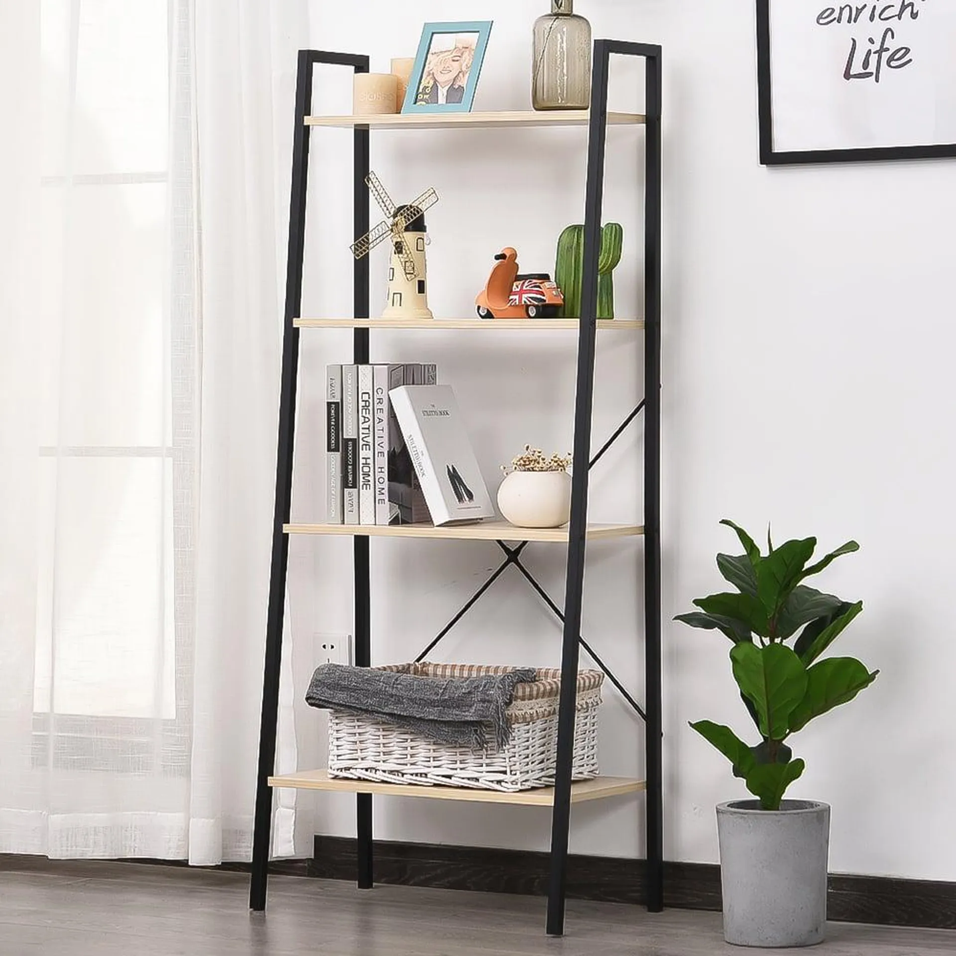 HOMCOM 4 Shelf Vintage Black Natural Ladder Bookcase