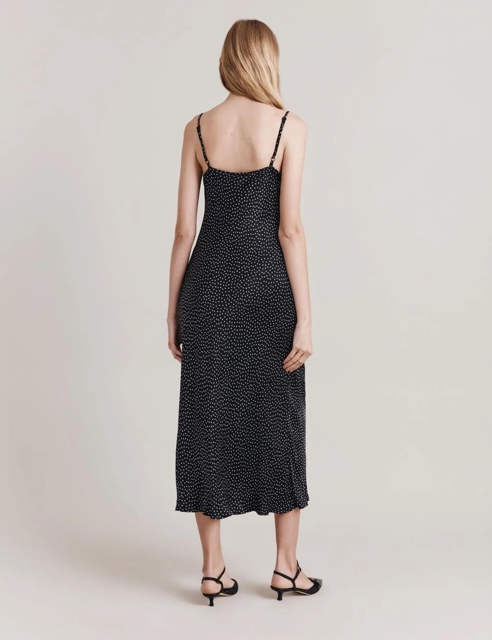 Satin Polka Dot Cowl Neck Midi Slip Dress