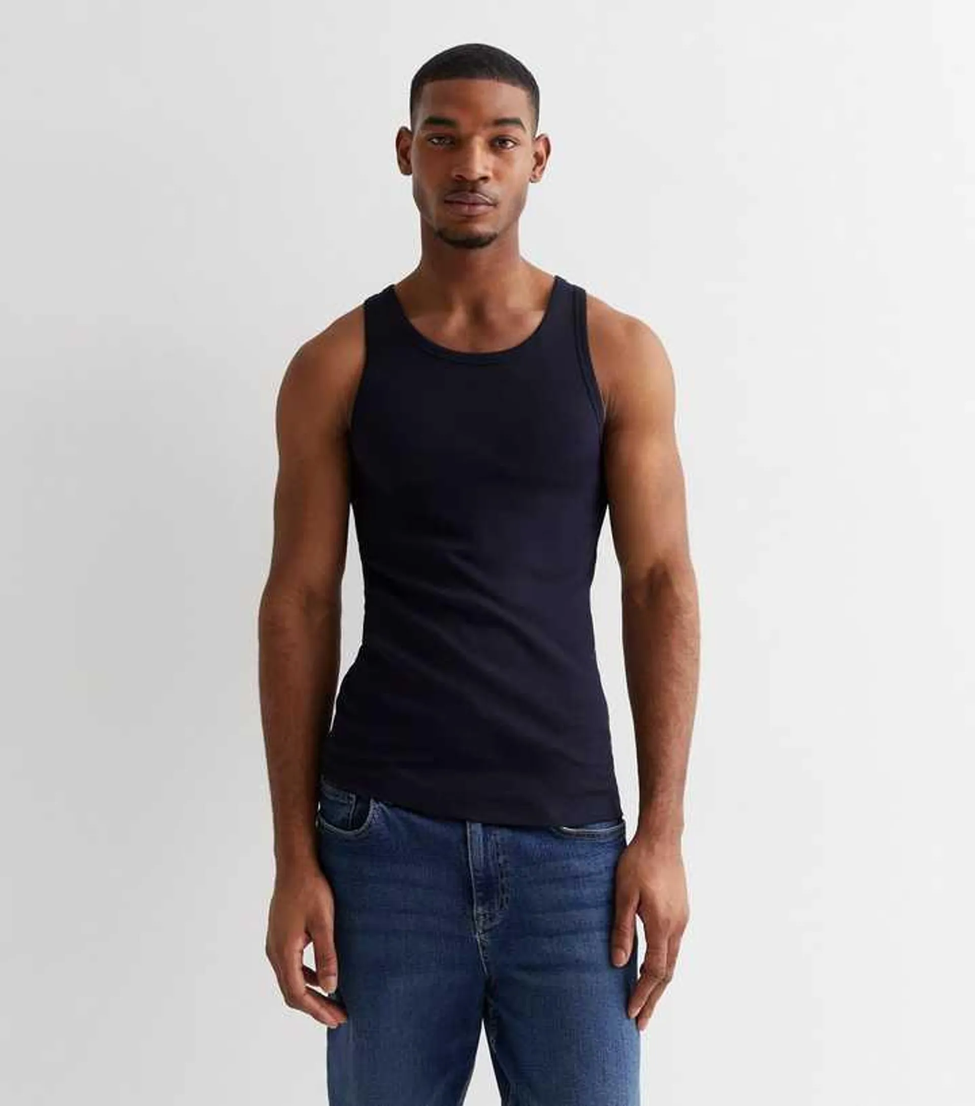 Navy Ribbed Jersey Muscle Fit Vest