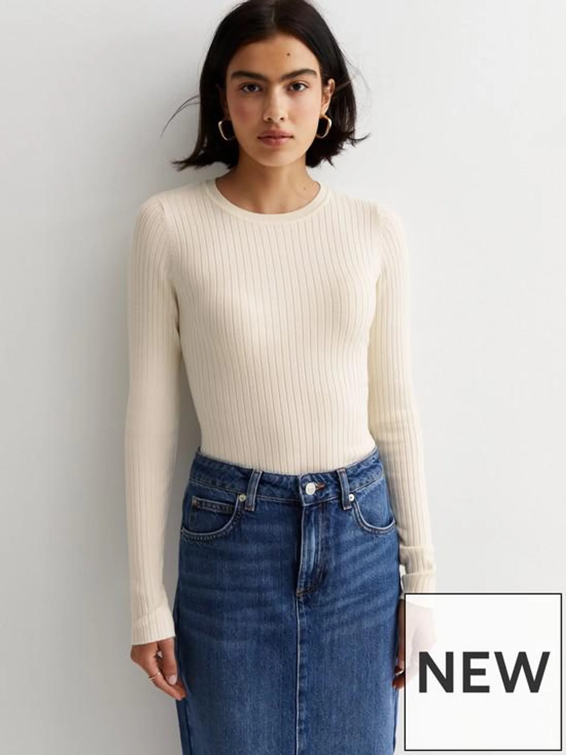 Off White Ribbed Knit Long Sleeve Top