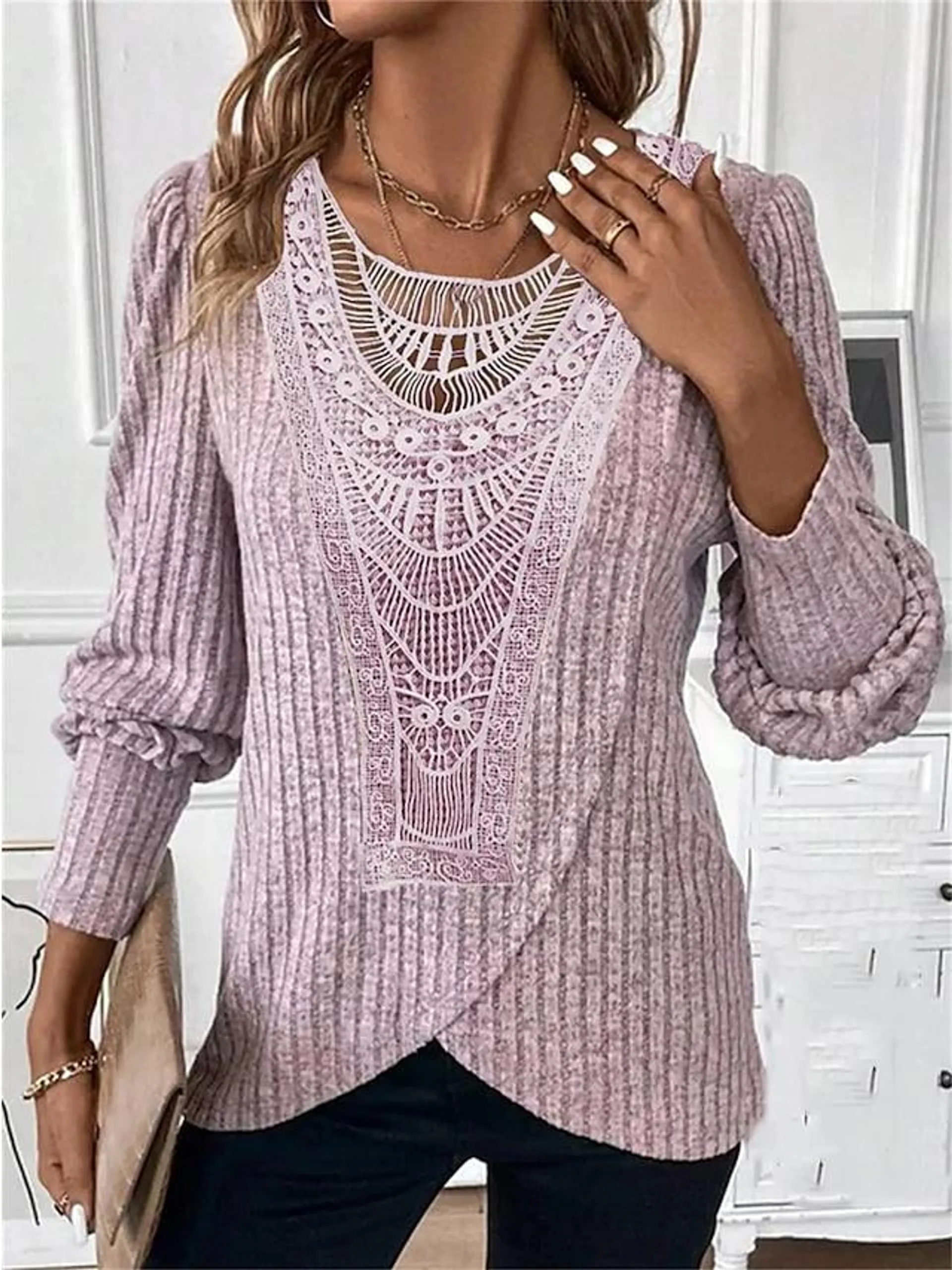 Women's Lace Shirt Shirt Blouse Plain Casual Pink Blue Gray Lace Long Sleeve Fashion Round Neck Regular Fit Spring