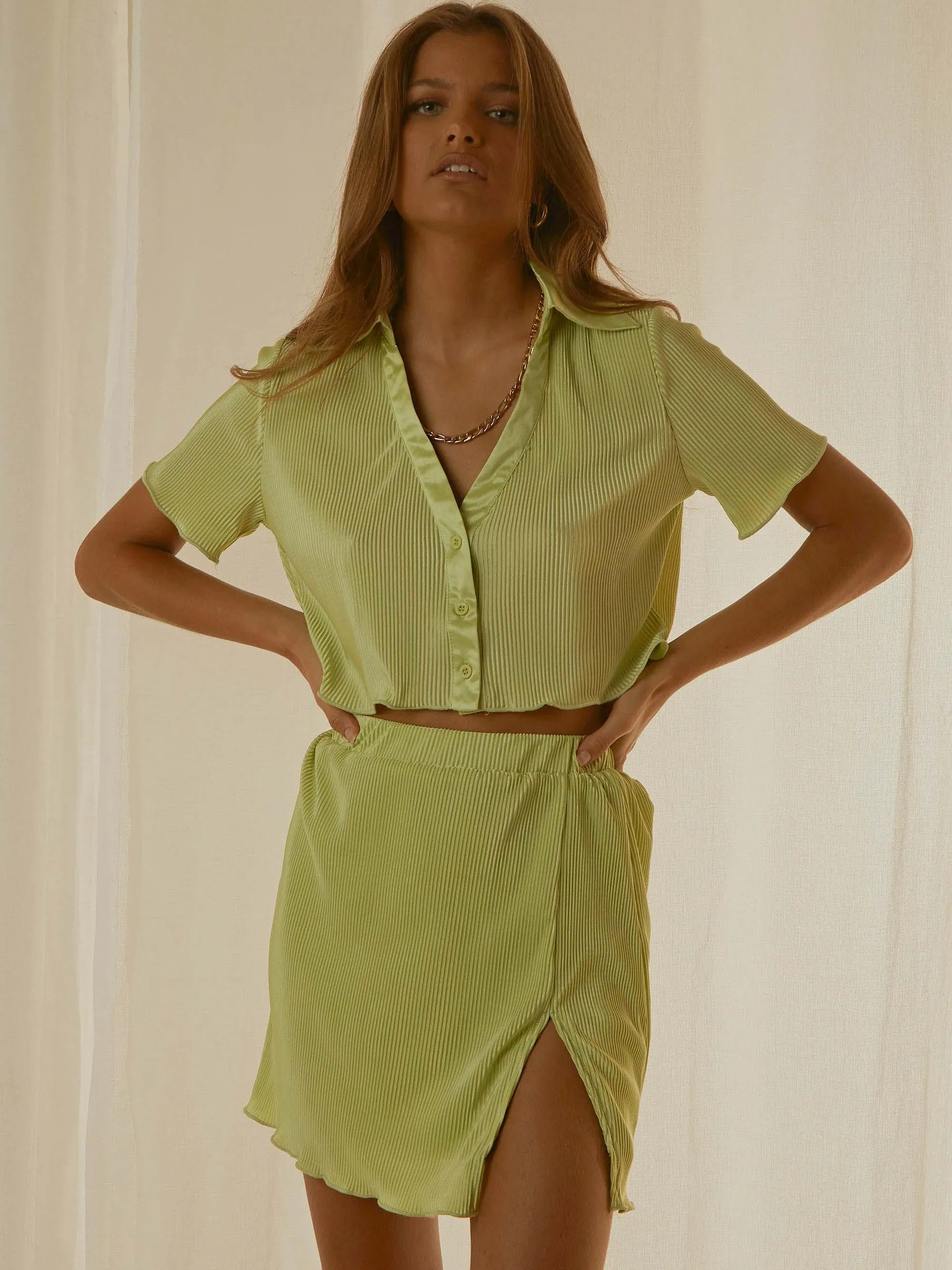 Skirt Set Green Street Wear Buttons Casual Two Piece Sets