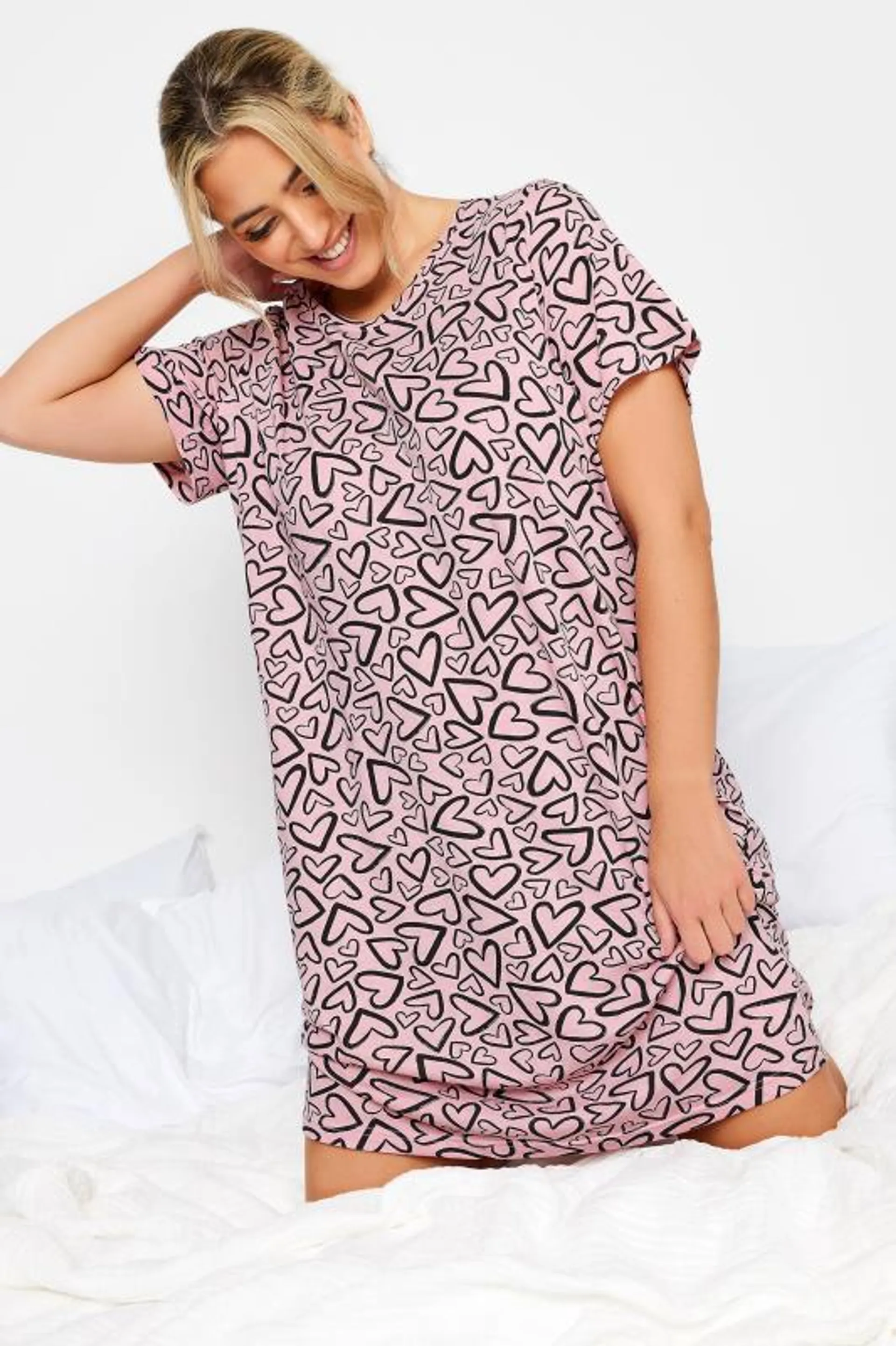 YOURS Curve Light Pink Heart Print Midi Nightdress