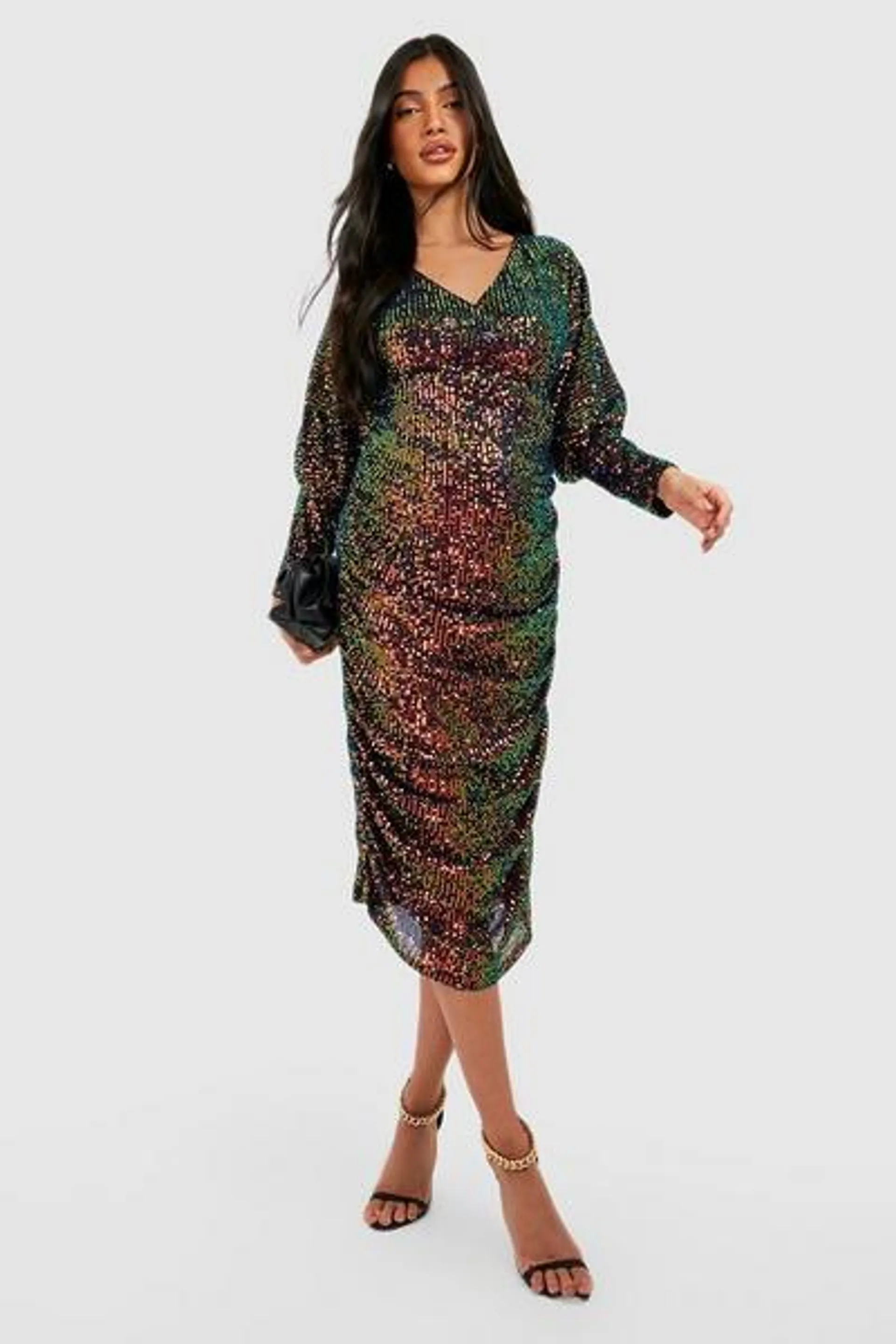 Maternity Sequin Batwing Ruched Midi Dress