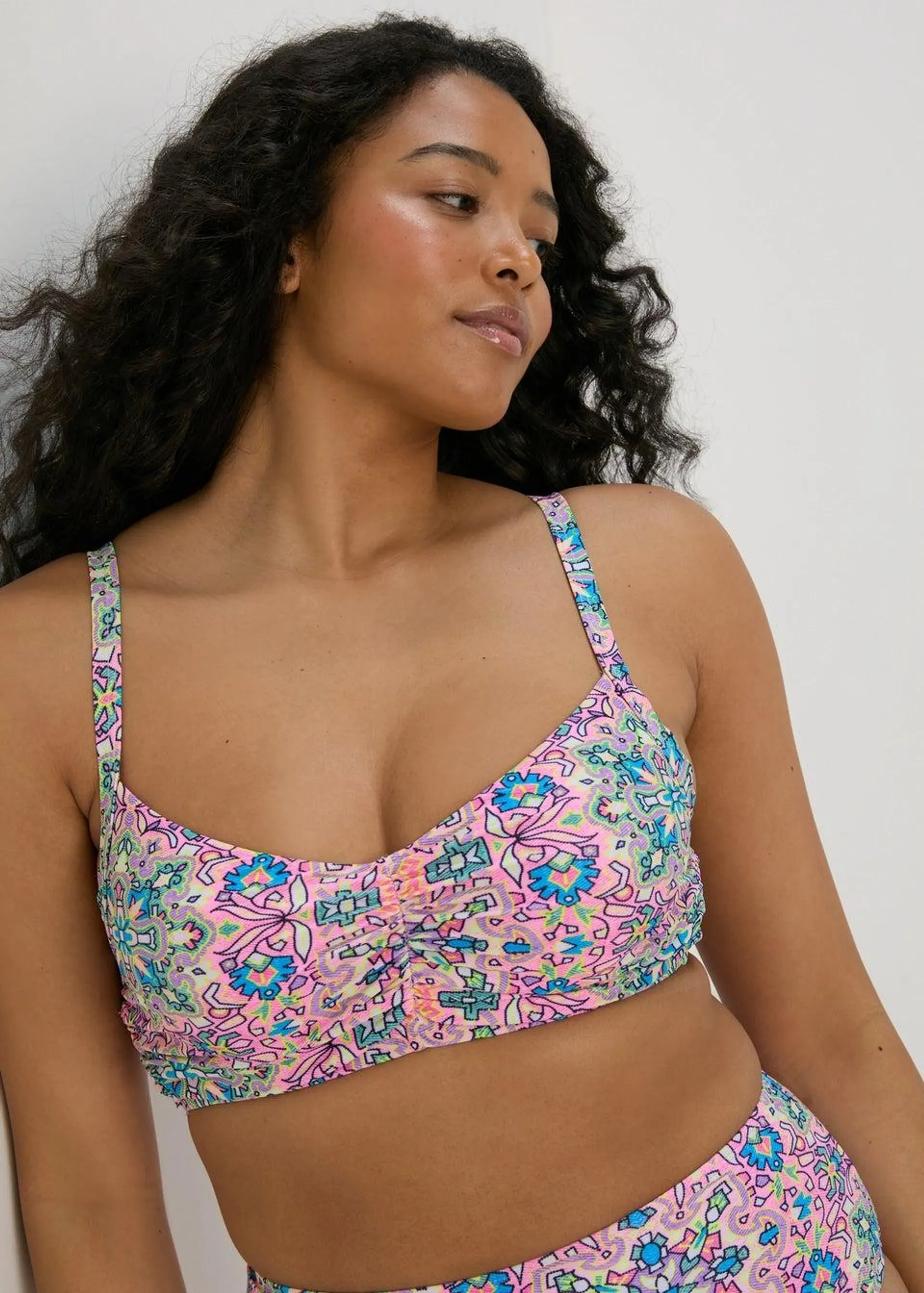 Pink Mosaic Ruched Bikini Top