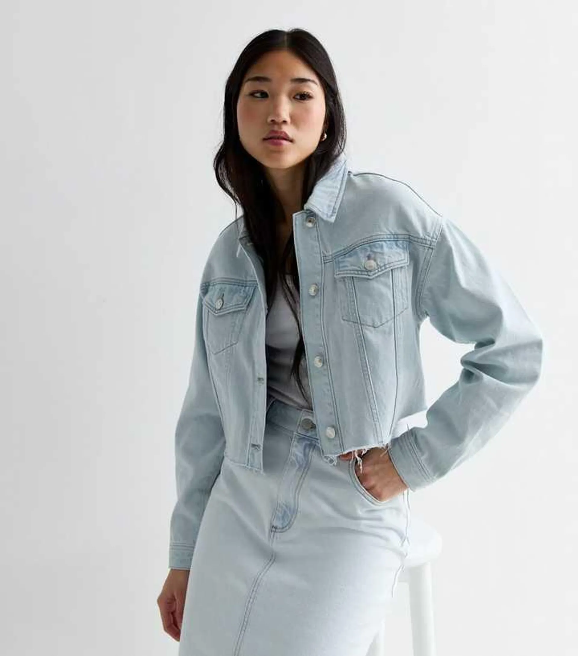 Pale Blue Denim Raw Hem Crop Jacket