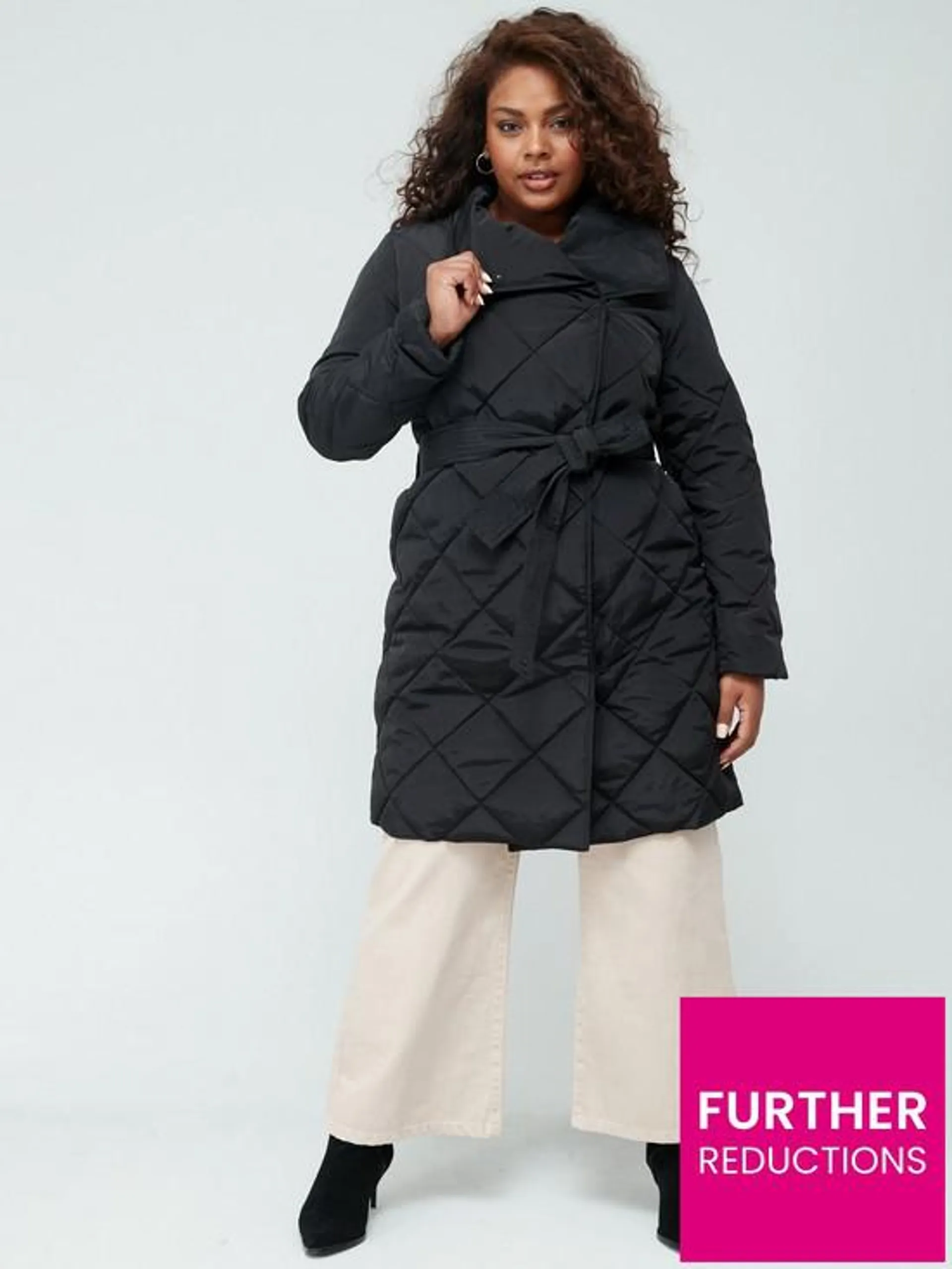 V by Very Curve Padded Wrap Coat - Black